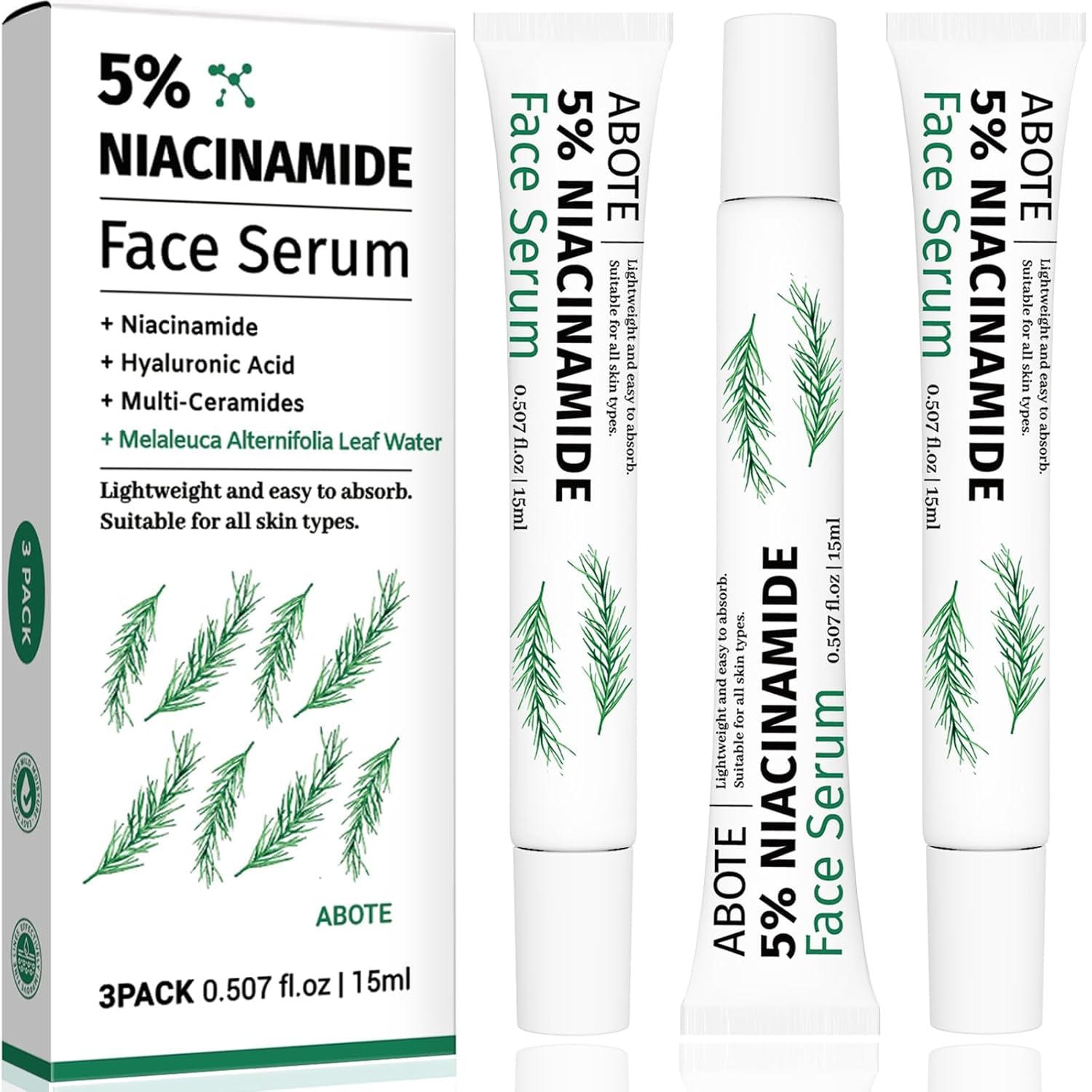 Travel Skincare 5% Niacinamide Serum with 4% Tea Tree Extracts | 1% Ceramide Complex | Deep Hydration | Regulates Sebum | Soothes Skin (3 Pack 0.507 fl.oz | 15ml)