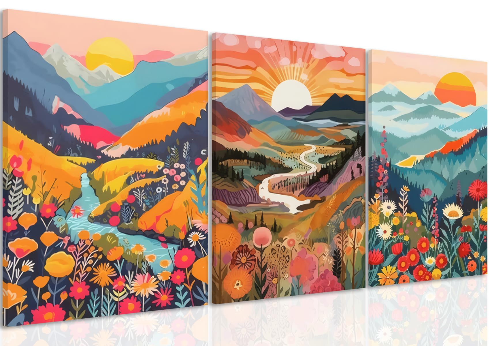 3 Pcs Mountain Landscape Wall Art 16x12in Colorful Nature Sunset Canvas Prints,Abstract Floral Valley Painting Vibrant Scenic Artwork for Living Room Office Study Room Waterproof and Fade Resistant