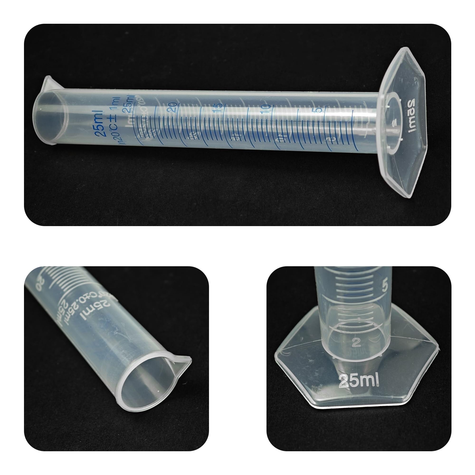 Probeta de Laboratorio para Ciencias, Cilindro medidor Graduado de plástico Transparente, líneas de Dos Caras de 25 ml a 100 ml, Paquete de 3(25ml)
