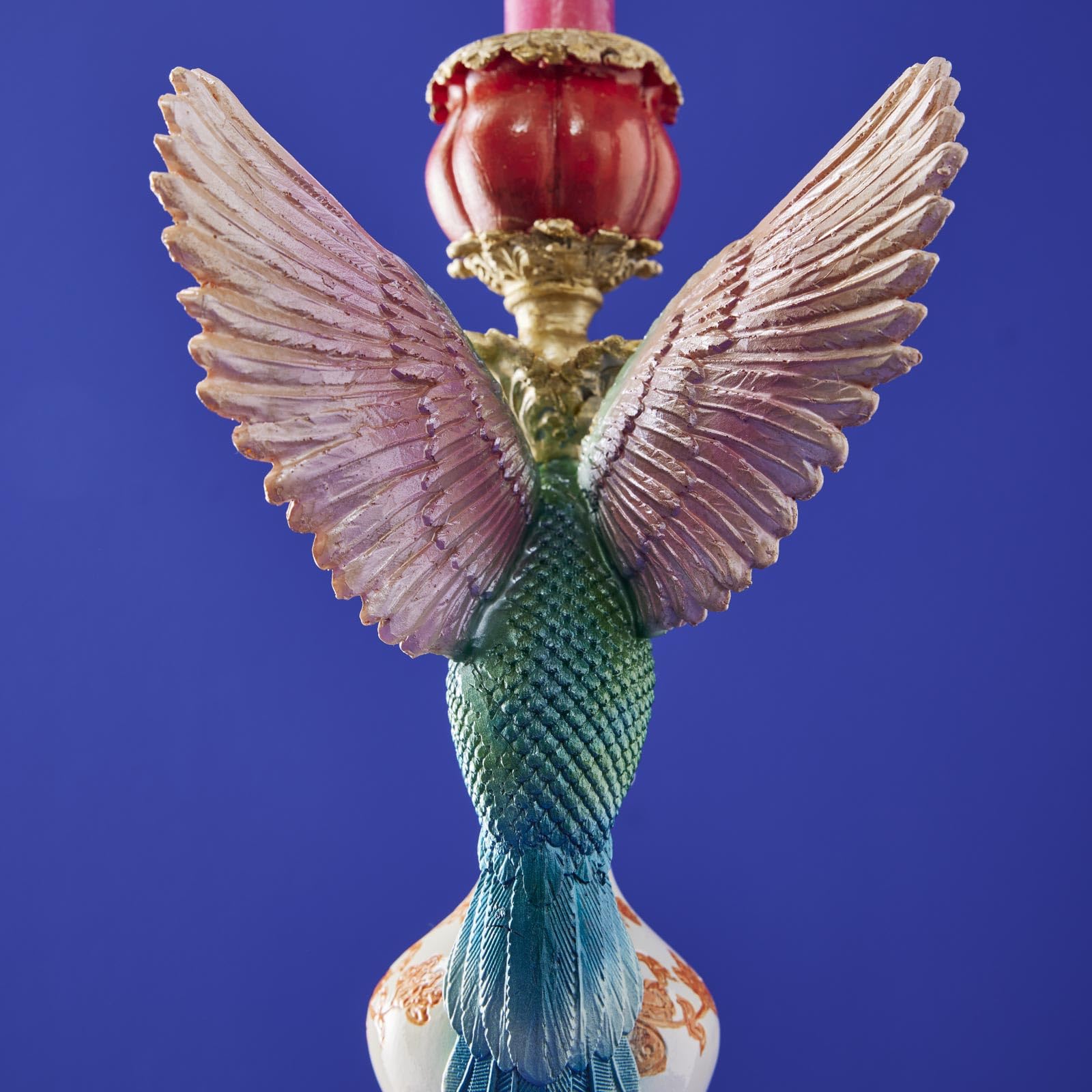 Design Kerzenhalter Kolibri, Mehrfarbig, bunt, Kerzenständer für Stabkerze, handbemalt, 13cm x 14cm x 32cm