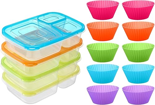 Tanlade 4 piezas Bento Snack Box con 12 piezas de silicona para cupcakes forros para almuerzo, contenedores reutilizables de 3 compartimentos,