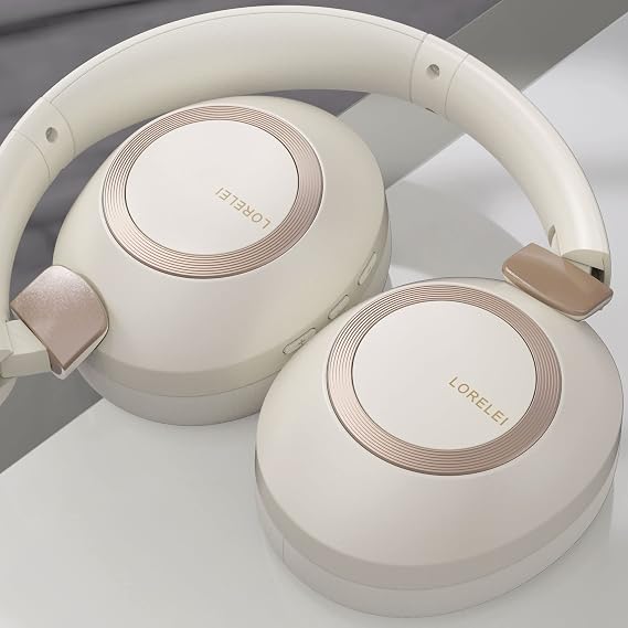 LORELEI B-C6 Wireless Over-Ear Headphones, 50H Playtime Foldable Lightweight Bluetooth Headsets, Deep Bass, Built-in Microphone, Memory Foam Earmuffs for Travel, Office (Beige White)