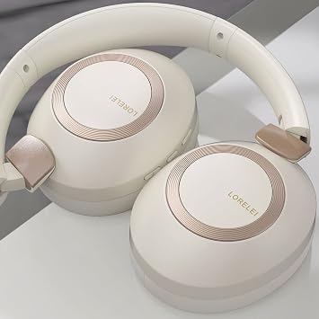 LORELEI B-C6 Wireless Over-Ear Headphones, 50H Playtime Foldable Lightweight Bluetooth Headsets, Deep Bass, Built-in Microphone, Memory Foam Earmuffs for Travel, Office (Beige White)