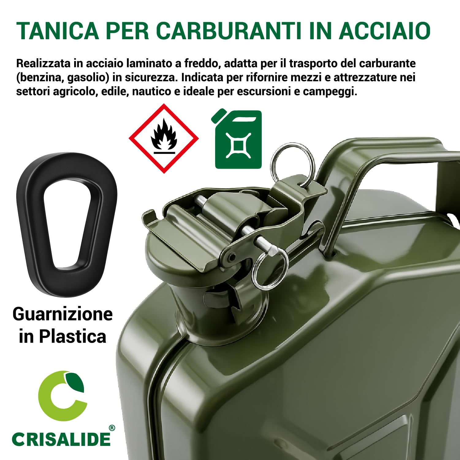 Crisalide® - Bidón de combustible de acero, 5 l, 10 l, 20 l con boquilla de transporte, homologado para transporte de gasolina y gasóleo, antioxidante, cierre hermético, bidón de gasolina de metal (10