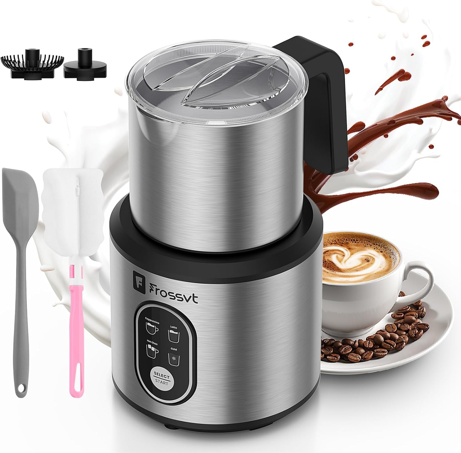 Electric Milk Frother, 4 in 1 Milk Frother and Steamer, 350ml Hot/Cold Foam Maker for Hot and Cold Milk Froth, Hot Milk, Chocolate Milk with Silicone Spatula & 2 Whisks