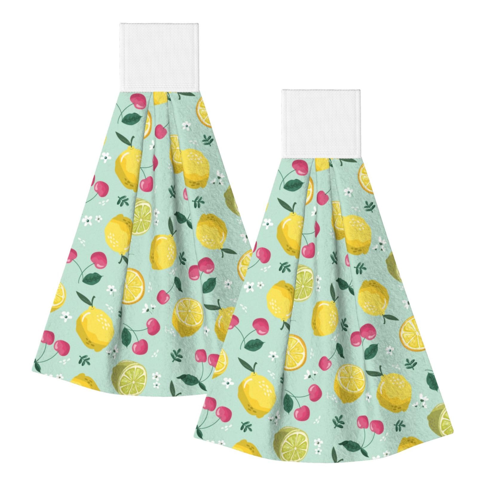 DOPKLNA Lemon Cherry Fruit, 2 Pcs Hanging Coral Fiber Hand Towels for Bathroom, Absorbent Kitchen Towels