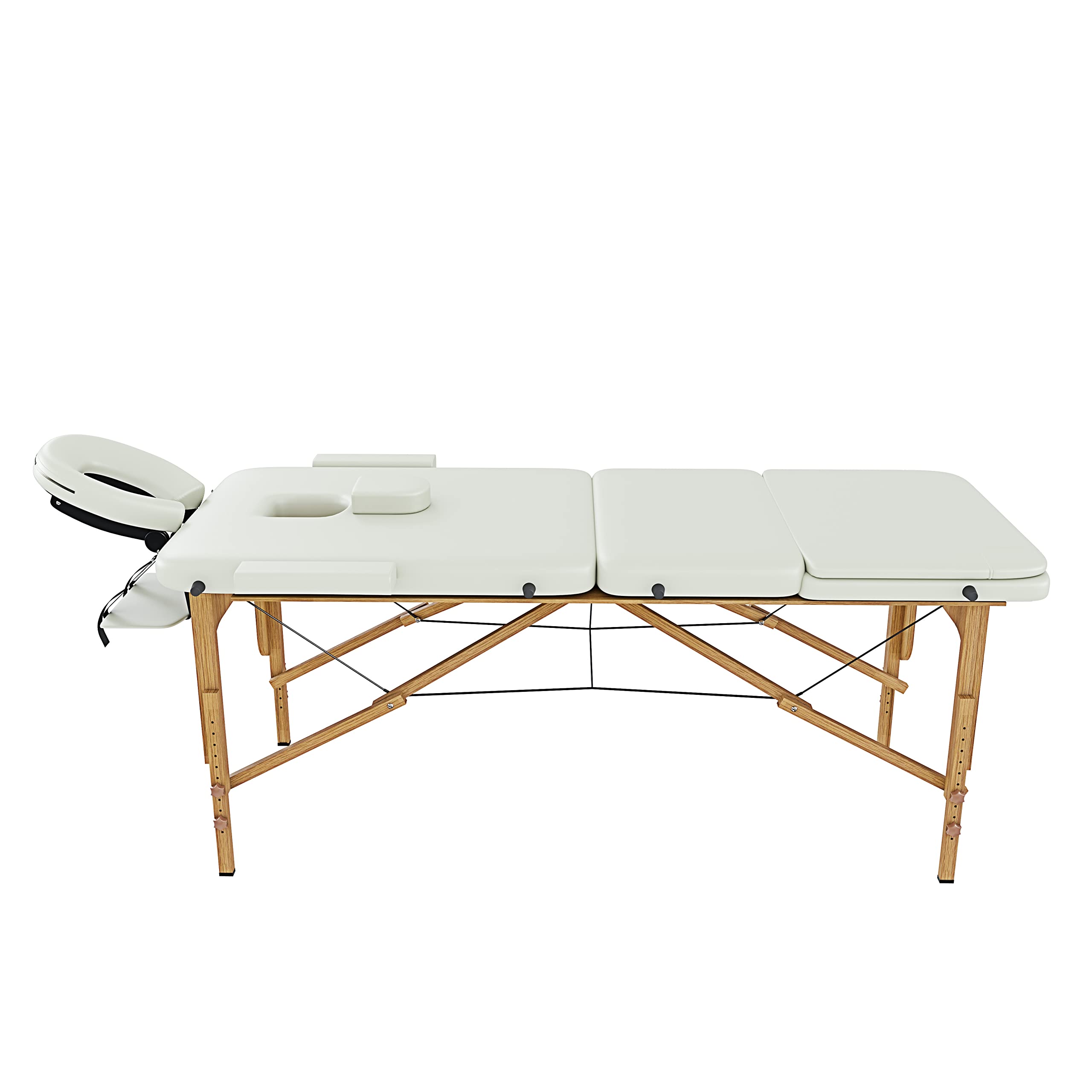 Lettino da Massaggio 3 Zone In Legno Pannello Reiki Angoli Arrotondati Rinforzati Pieghevole Portatile Fisioterapia Estetica Altezza Regolabile Poggiatesta Braccioli Staccabili 210 x 78 cm (Panna)