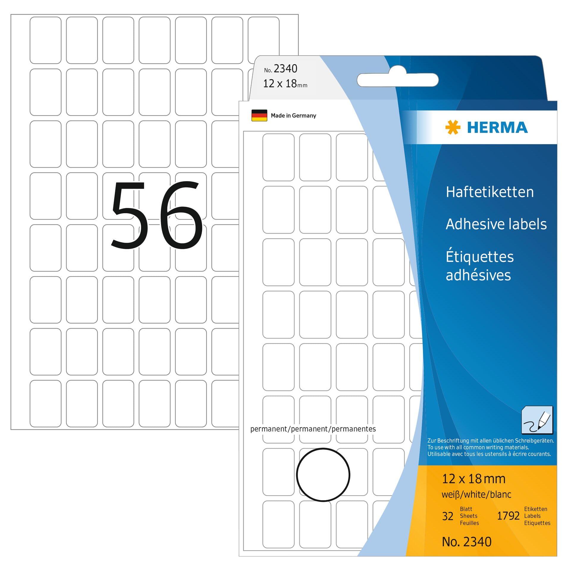 HERMA Multi Purpose Labels, 56 Labels per Sheet, 32 Sheets, 12 x 18 mm, 1792 Labels, Self Adhesive Mini Labels Stickers, Blank Sticky Labels for Office Kitchen Home, White