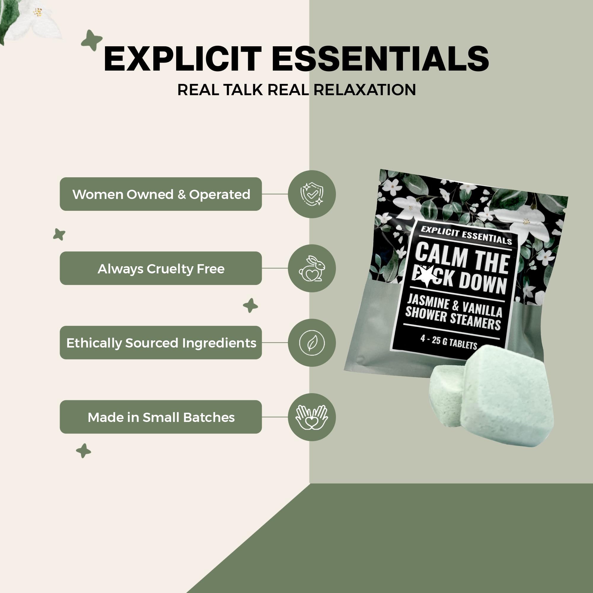 Explicit Essentials Calm The F Down Shower Steamers |  Aromatherapy Shower Steamers for Relaxation & Stress Relief | Spa Shower Gift for Self-Care, Birthdays & Holidays