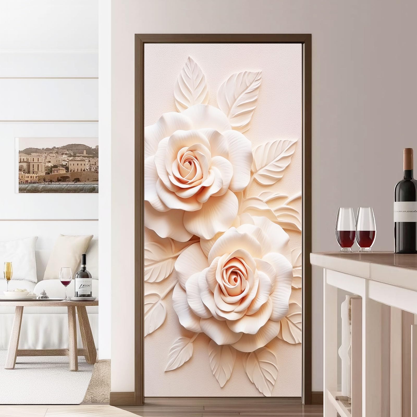 Flores Pegatinas para Puerta, Plantas 3D en relieve de Rosas, Resistente al Agua Lámina Autoadhesiva Fotomural, Beige PVC Extraíble Póster Puerta para Dormitorio Baño, 95 x 215 cm