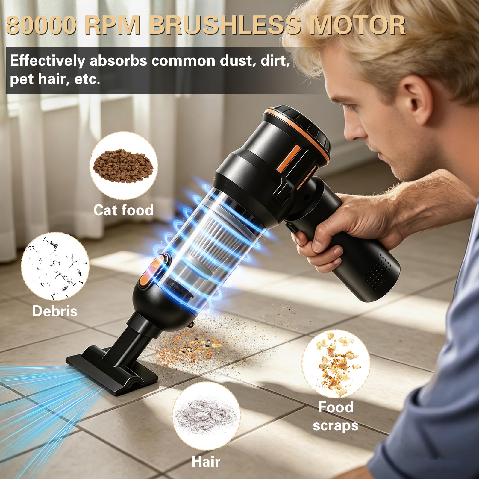 Aspirabriciole Senza Fili,26000Pa Aspirapolvere Auto,Mini Aspirapolvere Portatile,Potente Aspiratore e Soffiatore 4 in 1 con Motore Brushless per Auto,Casa,Ufficio,Peli di Animali Domestici
