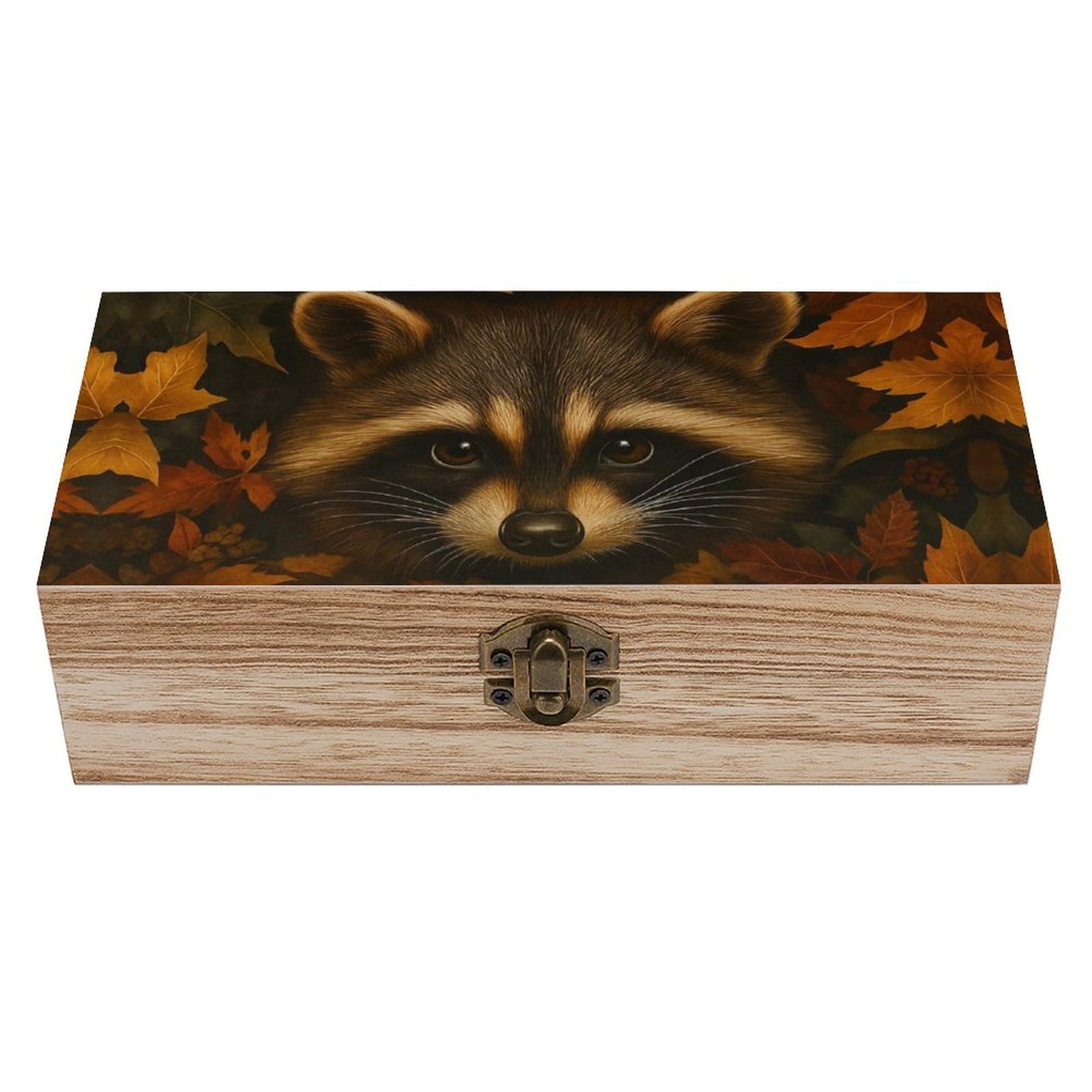 SMAZDFXX Lovely Autumn Raccoon And Maple Leaves Wooden Storage Box Multipurpose Decorative Box for Jewelry Photo Home Decor