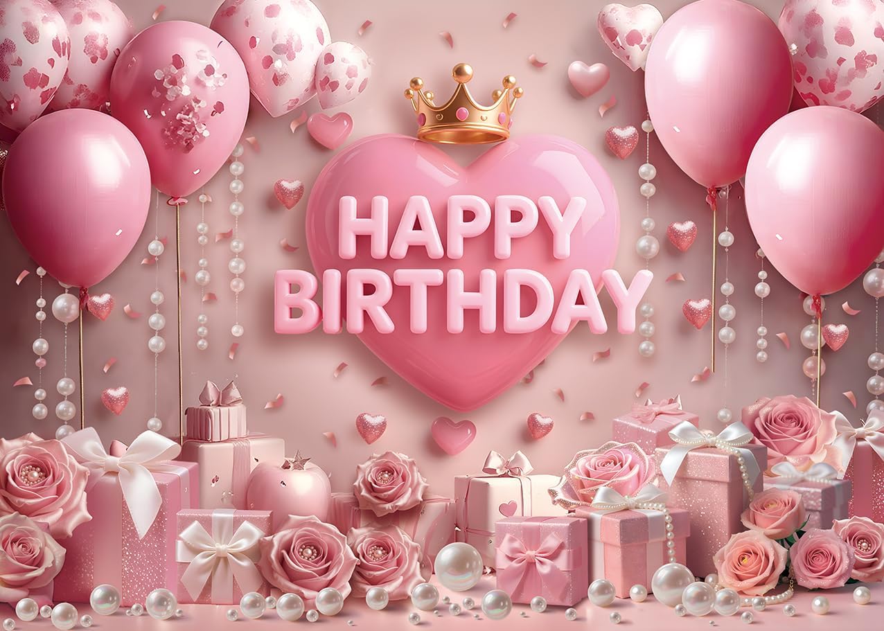 Pink Happy Birthday Backdrop Rose Gold Floral Heart Crown Balloon Elegant Photography Background Girls Princess Women Birthday Baby Shower Party Decor Banner Photo Supplies (7x5FT)