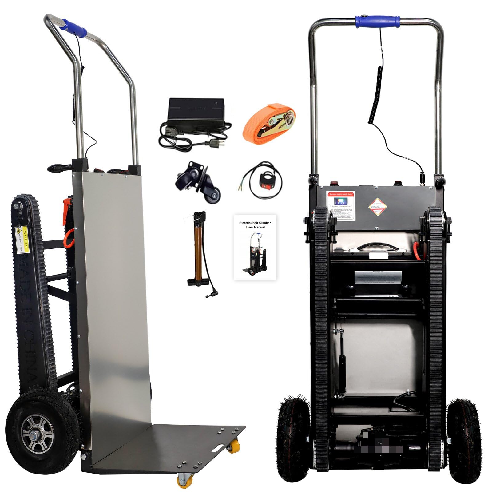 Camiones de mano de capacidad de carga de 660 libras resistentes, carrito de mano de 500 W, carretilla eléctrica para subir escaleras con pistas de goma