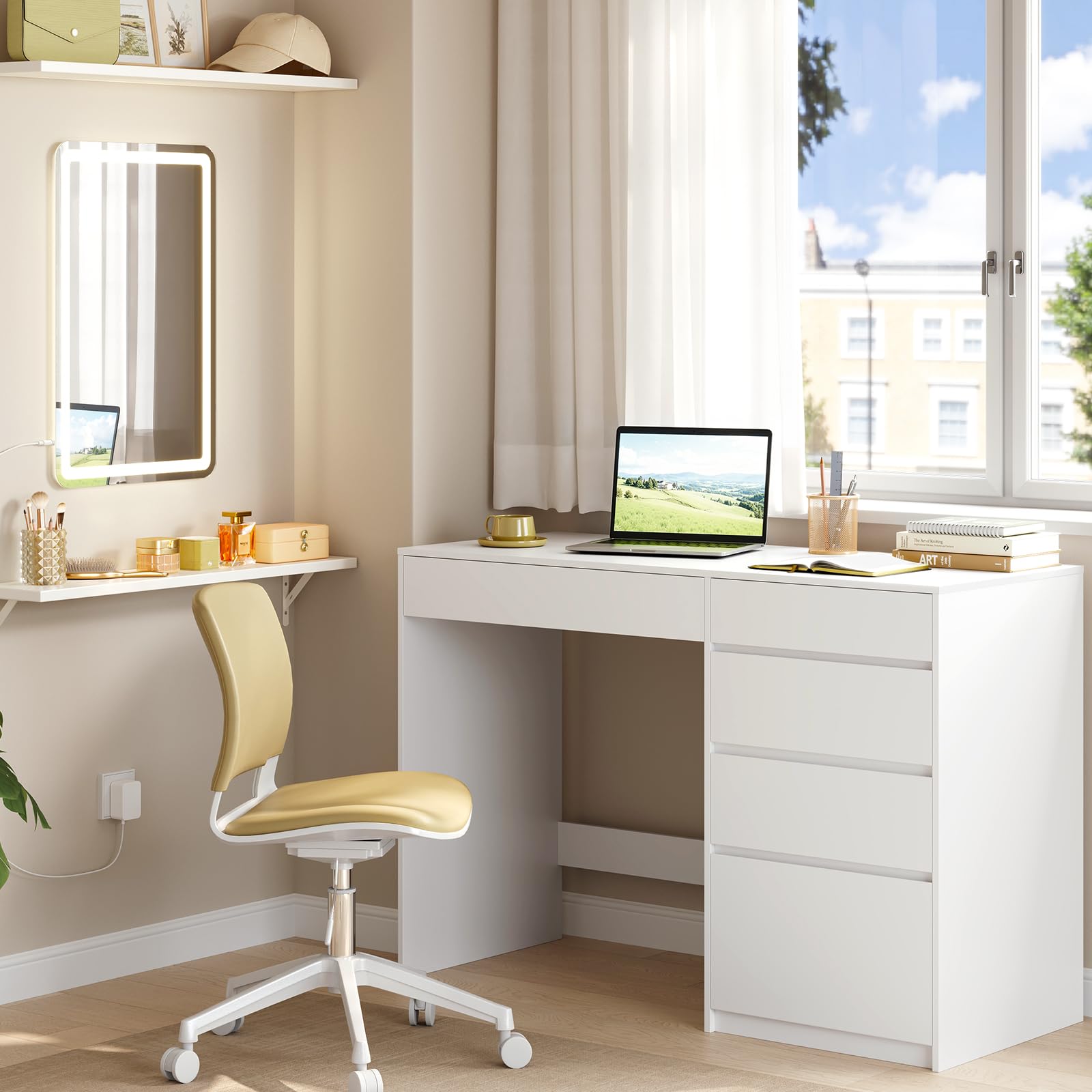 WOLTU Coiffeuse Bureau 2 en 1 avec Miroir LED, 5 tiroirs, Table Maquillage avec Miroir Mural 60x40 cm, 100x45x75 cm, Meuble Chambre Moderne en Bois, Blanc