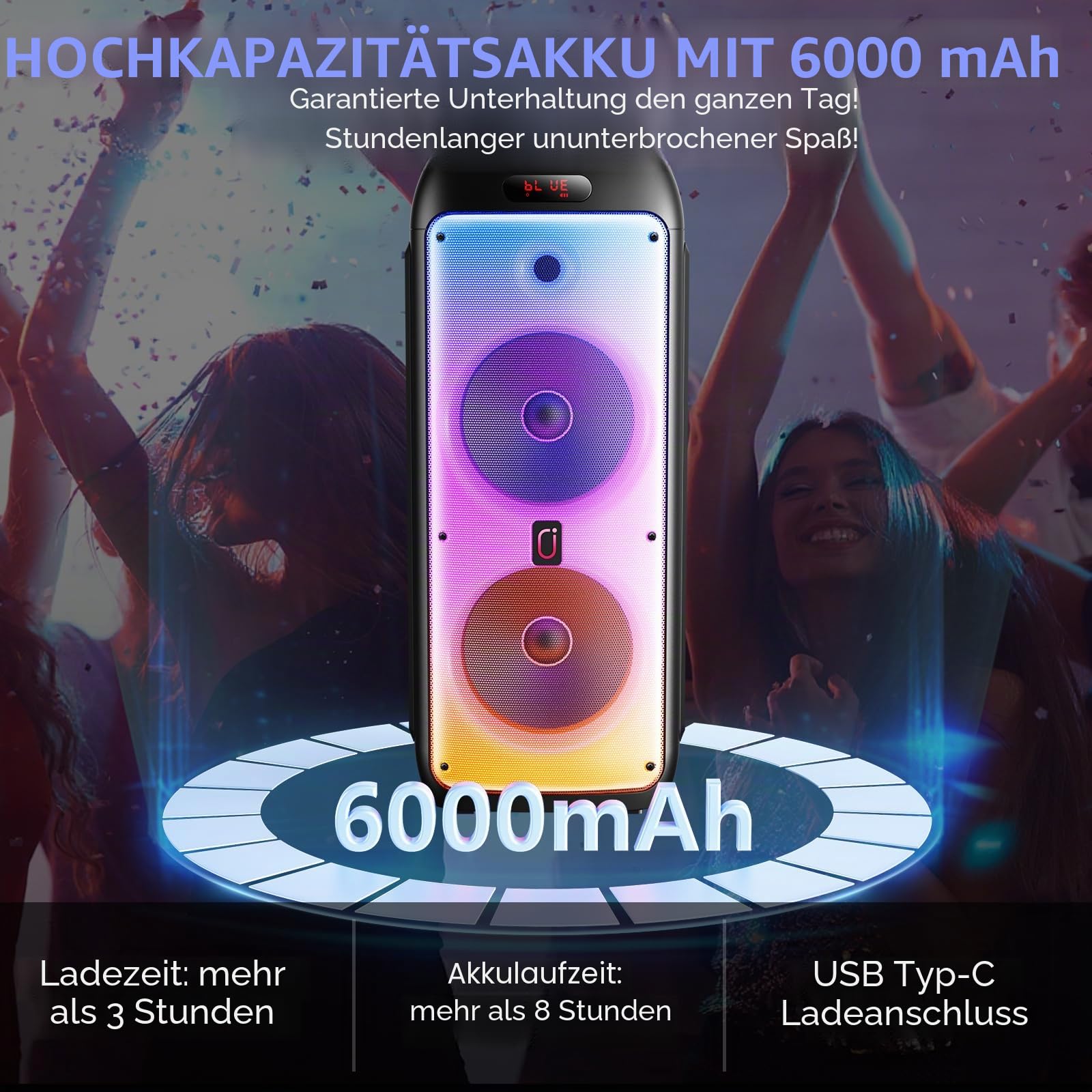 JYX Karaoke Maschine mit 2 Mikrofonen, LED Licht – Bluetooth 5.3, TF/USB/AUX/TWS/LIVE, Karaoke Box & PA Anlage für Party, Outdoor, Zuhause, Erwachsene, Perfekt für Gesang & Duette