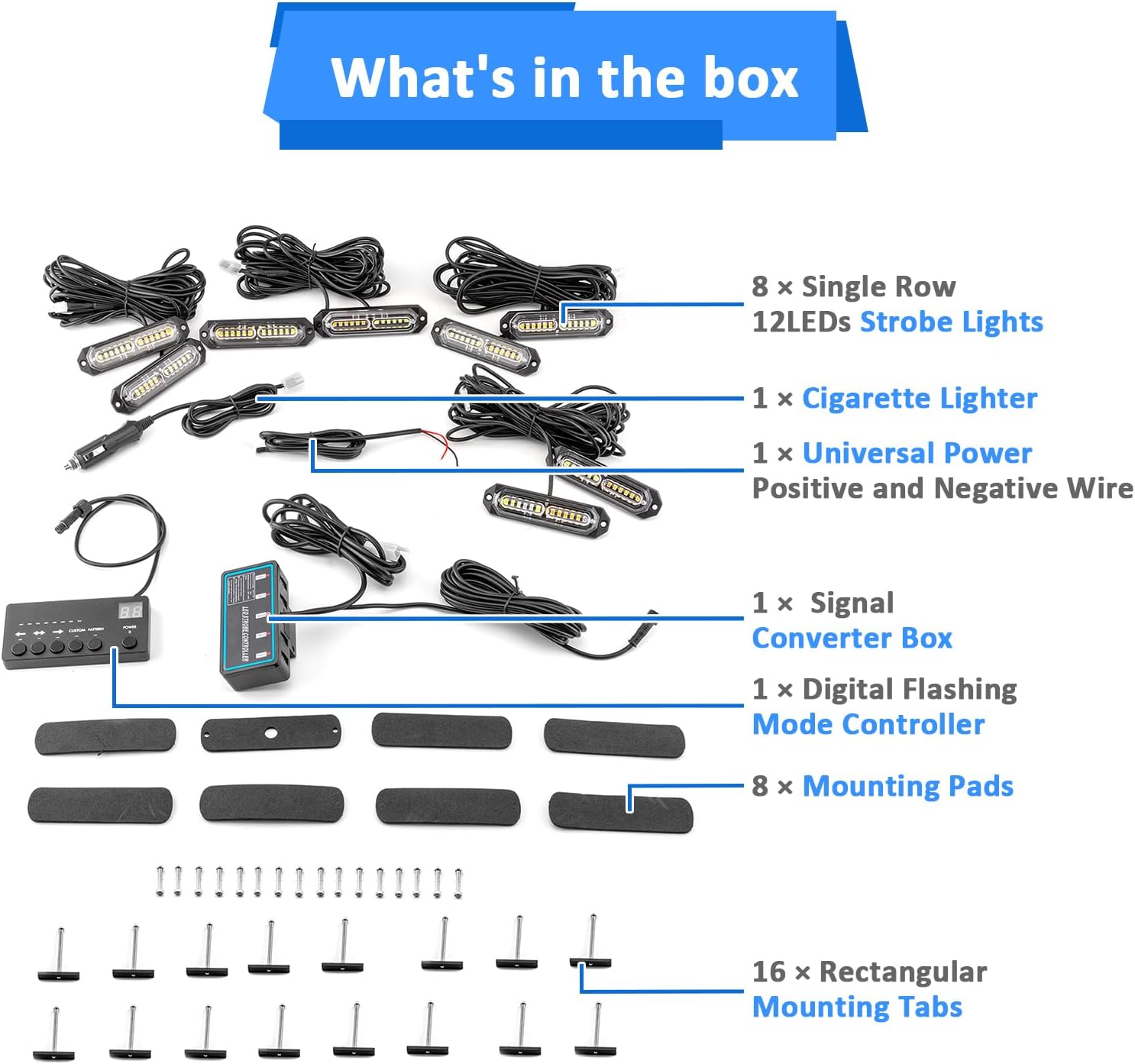 Wsays 12 LED White Amber Strobe Emergency Hazard Warning Light Surface Mount with Controller and Wiring Harness, Warning Flashing Caution Lights for Construction Vehicle Truck (8 PCS)