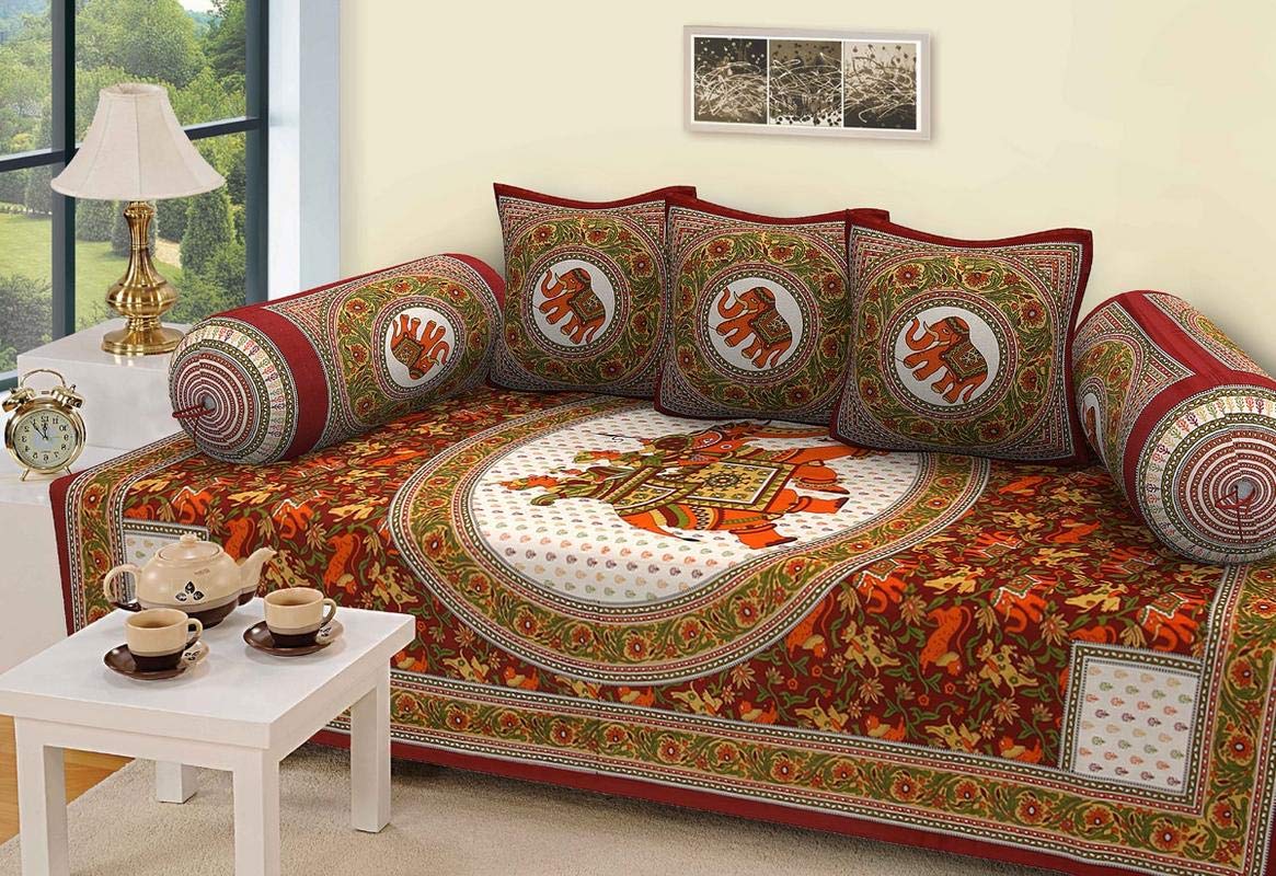 Cotton 144 TC Bedsheet, Cushion Cover and Bolster Cover, Standard, Rust, 1 Bedsheet, 3 Cushion Covers and 2 Bolster Covers