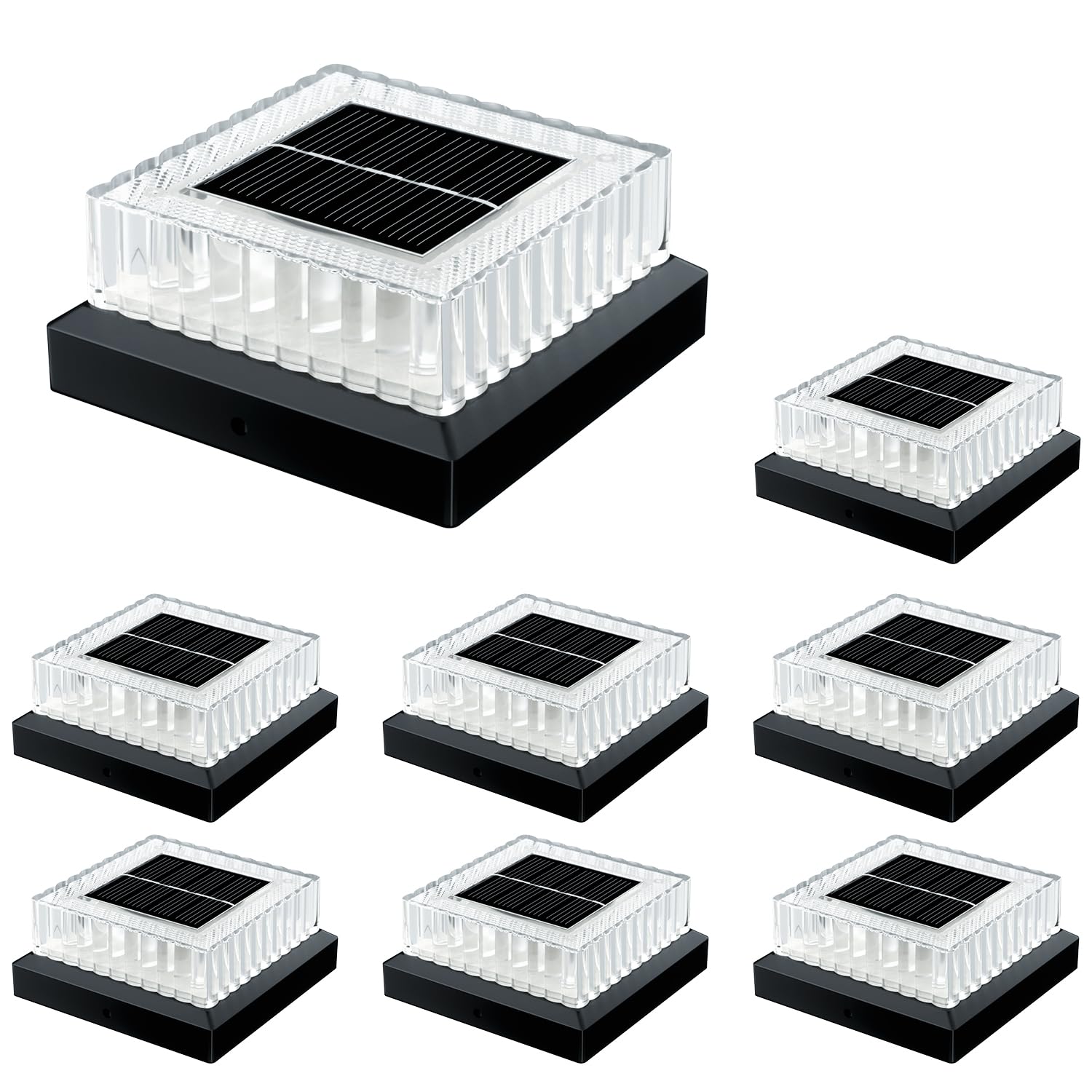 Hiromeco 4x4 Solar Post Cap Lights: 8 Pack Fence Post Lights Outdoor 3000K with Clear Lampshade, IP65 Waterproof 10-12H Lasting and Easy Install for