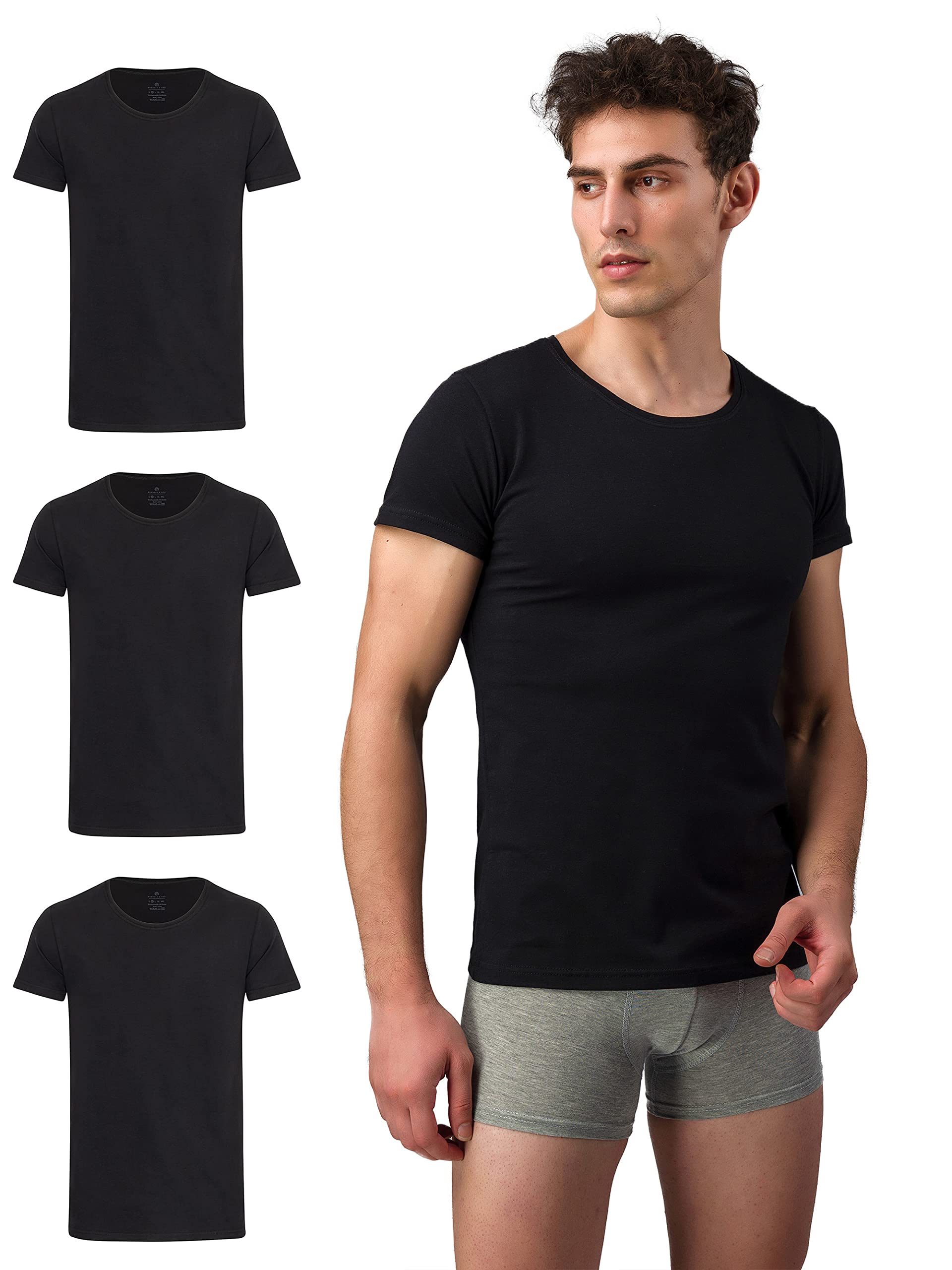 Burnell & Son Lot de 3 t-shirts à col rond pour homme - Stretch - Manches courtes - En coton basique - Coupe ajustée