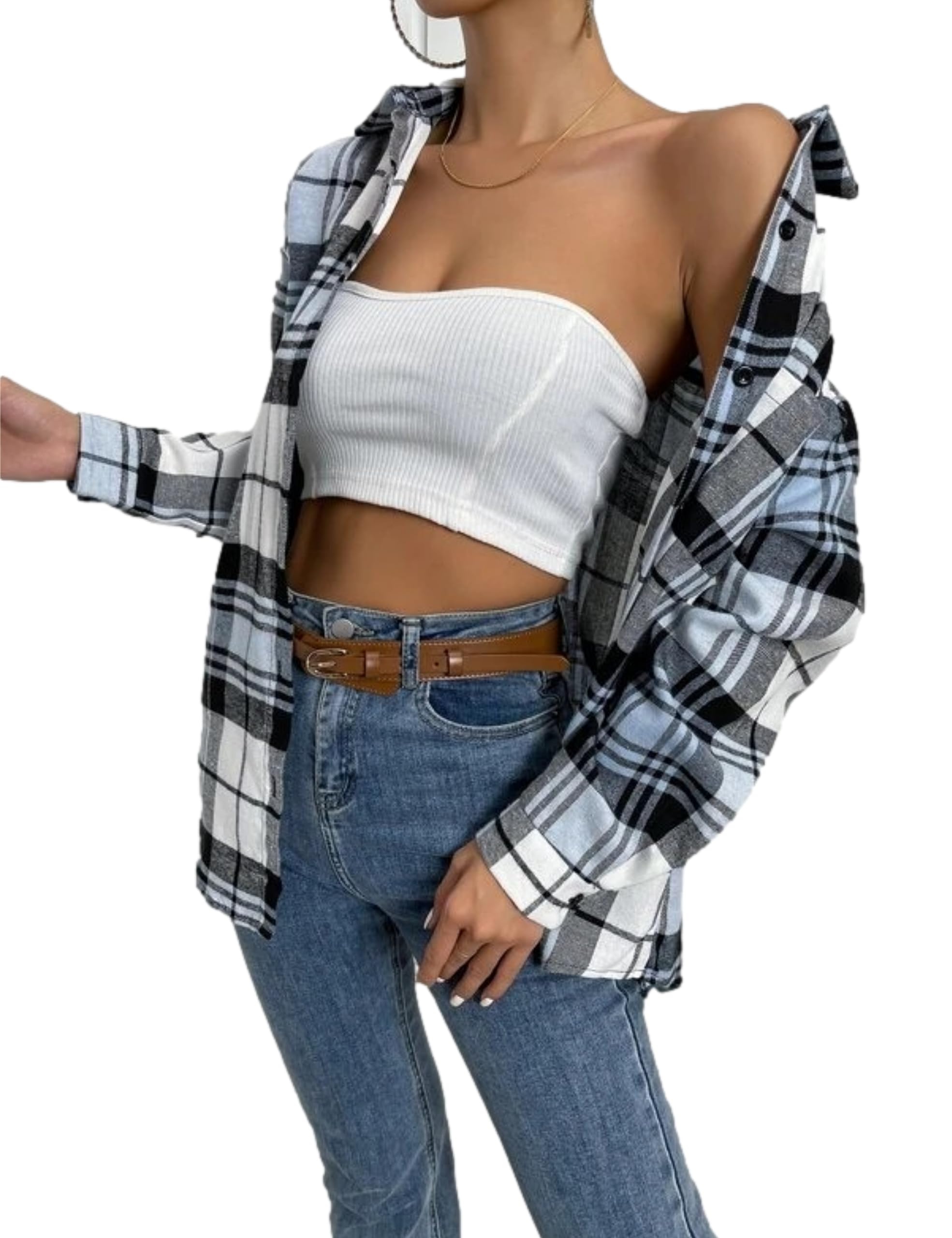 Zontroldy Womens Flannel Plaid Shirts Oversized Lightweight Buffalo Plaid Button Down Shirt Blouse Tops