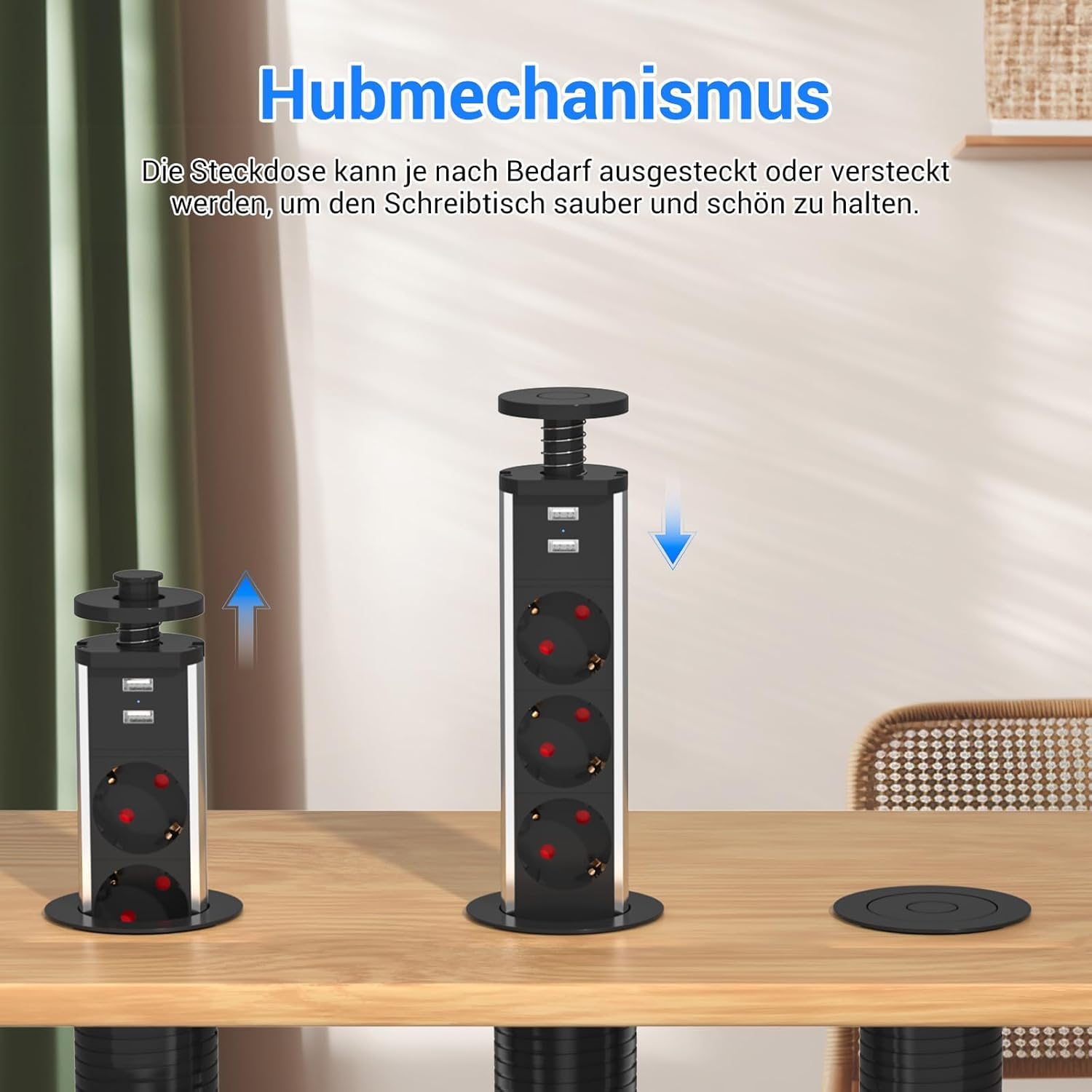 2 Stück 3 Fach Versenkbare Steckdose mit USB, Einbausteckdose Ø60 mm | Mit Überspannungsschutz, Kindersicherung und 1,8 m Kabel für Arbeitsplatte, Schreibtisch und Küche