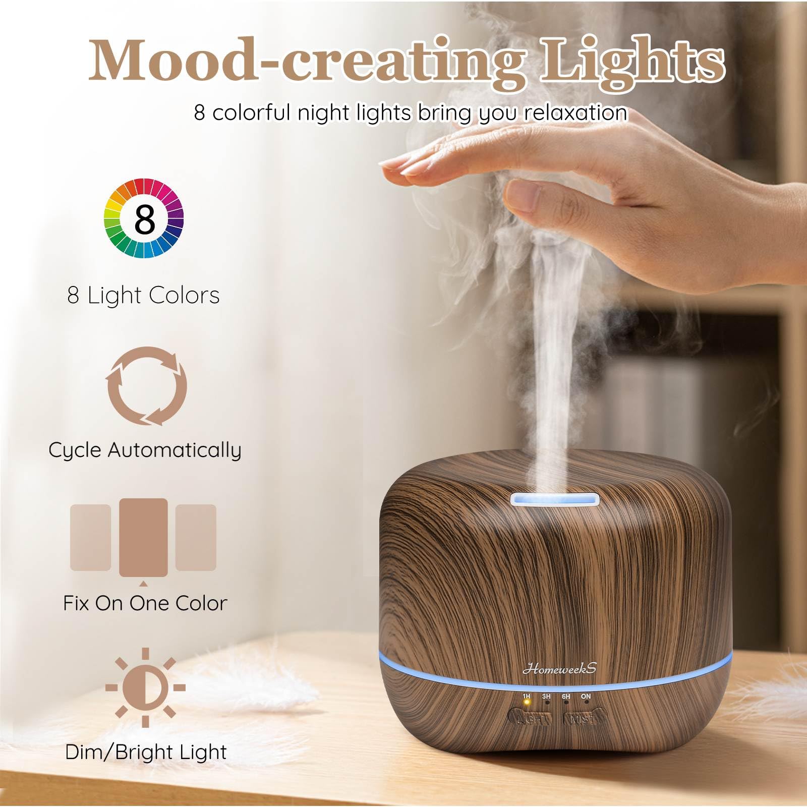 Diffusore di oli essenziali per aromaterapia per ambiente: umidificatore d'aria profumo profumo nebbia fredda diffusore luci colorate legno carino piccolo grande senz'acqua spegnimento automatico