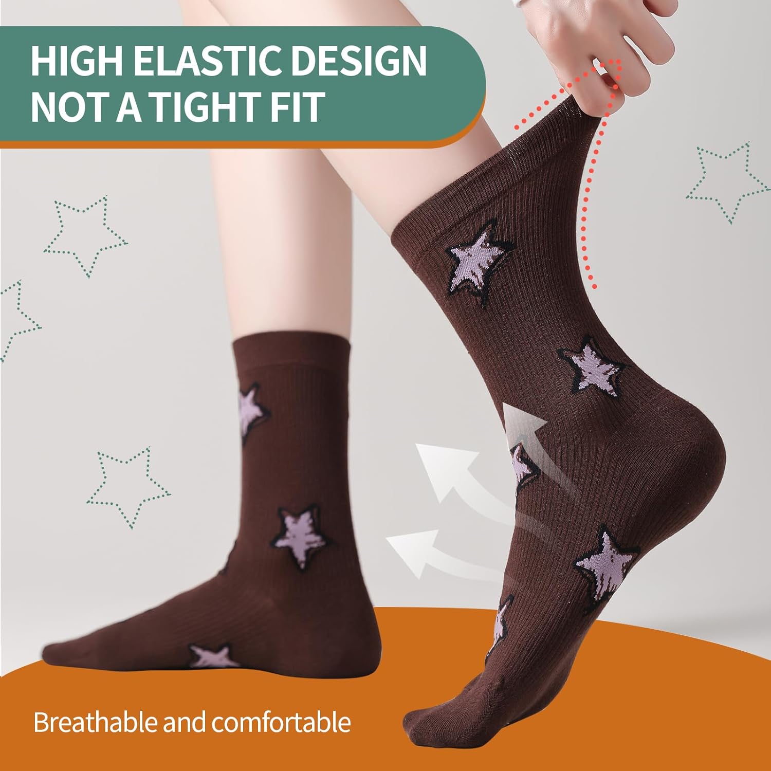 Mottee&Zconia Womens Crew Socks over Dress Cute Star Pattern Cotton White Black Fashin Socks 8pack (Size5-9) - Image 2