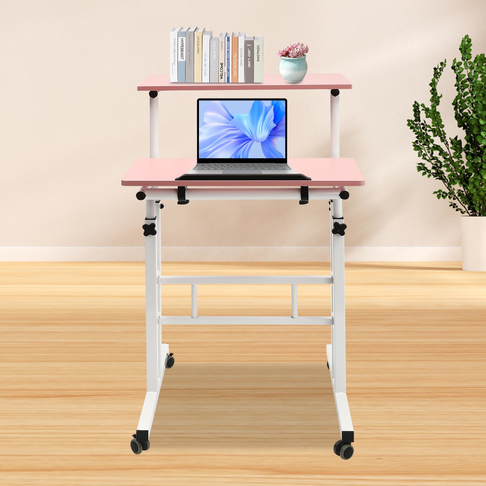 Height Adjustable Table Small Adjustable Standing Desk with Wheels Home Office Workstation Portable Rolling Desk Laptop Cart for — view 2