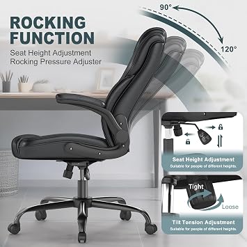 AnyGod Executive Office Chair,Ergonomic Desk Chair with Lumbar Support,High Back Swivel Computer Chair with 90 Degree Flip-Up Armrests,Black Faux Leather Height Adjustable Seating for Home and Study