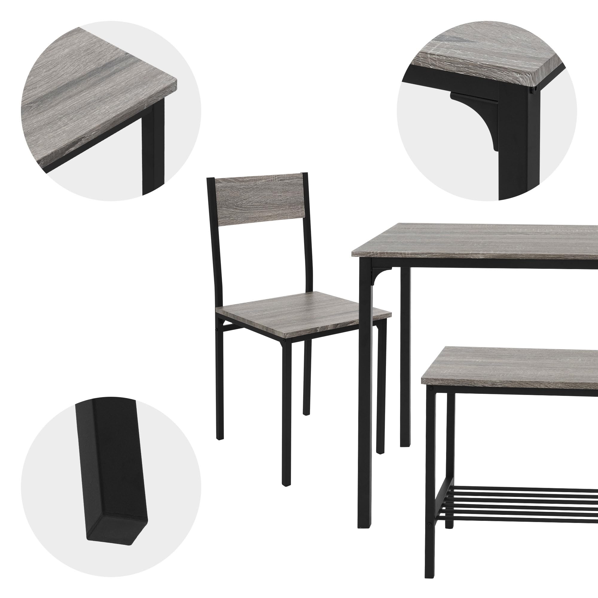ML-Design Juego de Mesa de Comedor de 4 Piezas Roble Gris Grupo de Muebles para 4 Personas con 2 Sillas de Bar, 1 Banco y 1 Mesa con Estructura de Metal Adecuado para Cocina y Comedor