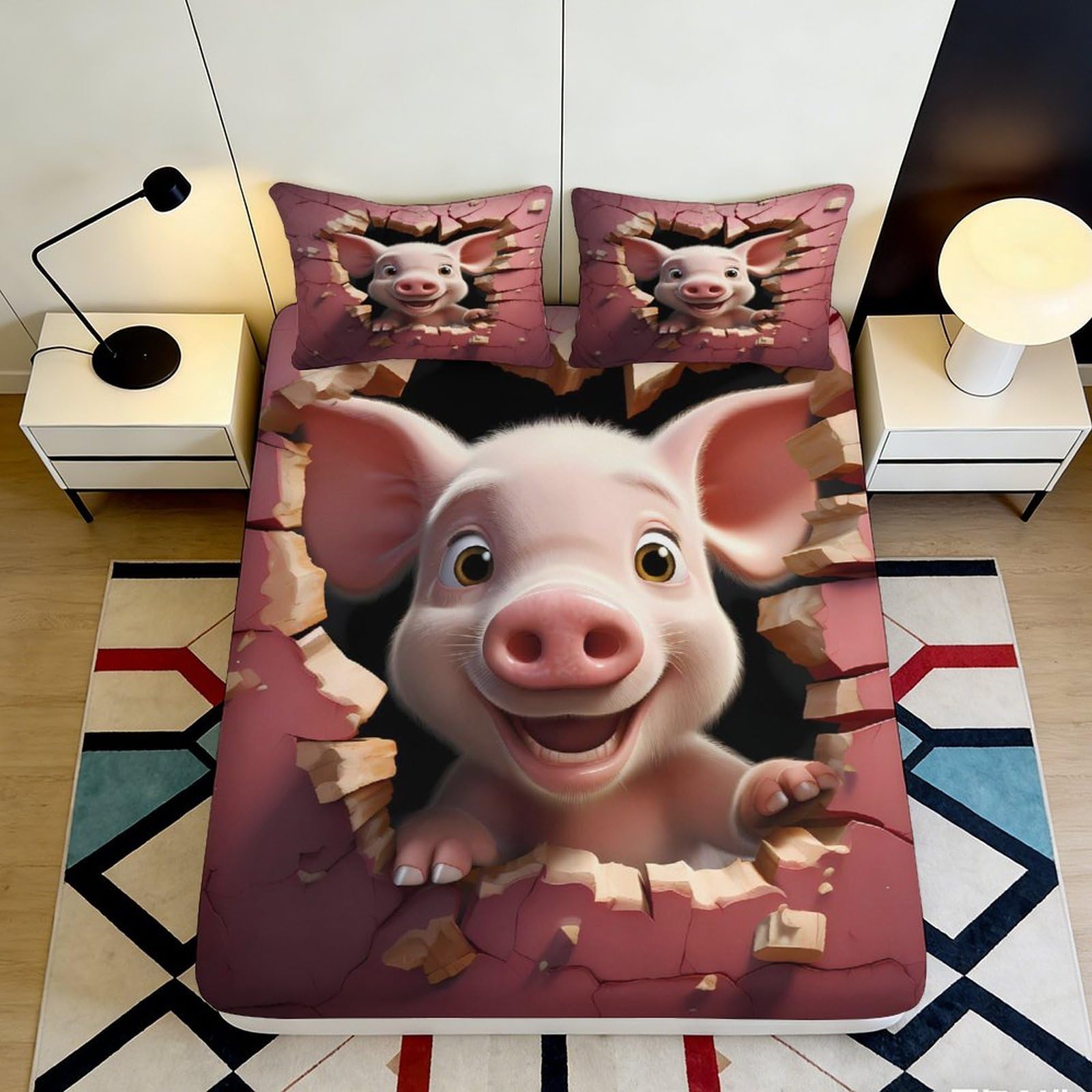 Uxinyoume Style-9 3D Printed Cartoon Pig Fitted Sheet Microfiber Anti-Slip Bed Cover Pink Animal Pattern For Bedroom Dorm Decor 90X200x25cm