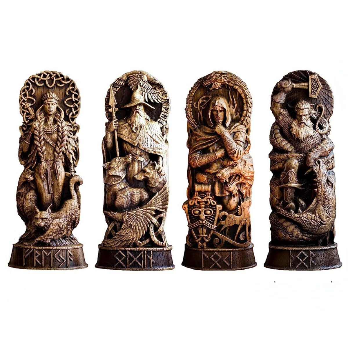 Lot de 4 statues de mythologie nordique, Thor Odin Loki Freya, statue viking pour la maison et les cadeaux, applicable à l'armoire à vin et à la bibliothèque, autel de culte, sculpture de