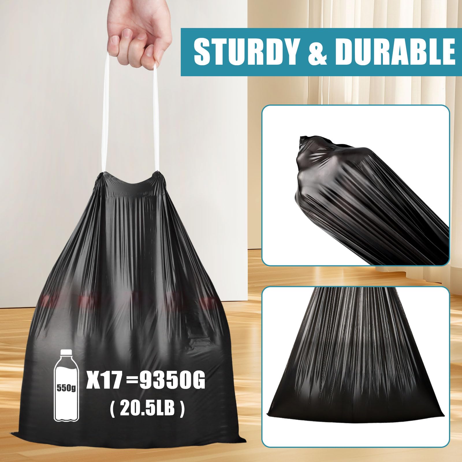 Bolsas de basura con cordón de 4 galones, biodegradables, negras, pequeñas, degradables, gruesas, bolsas de basura para baño, cocina, oficina, coche, 100 unidades