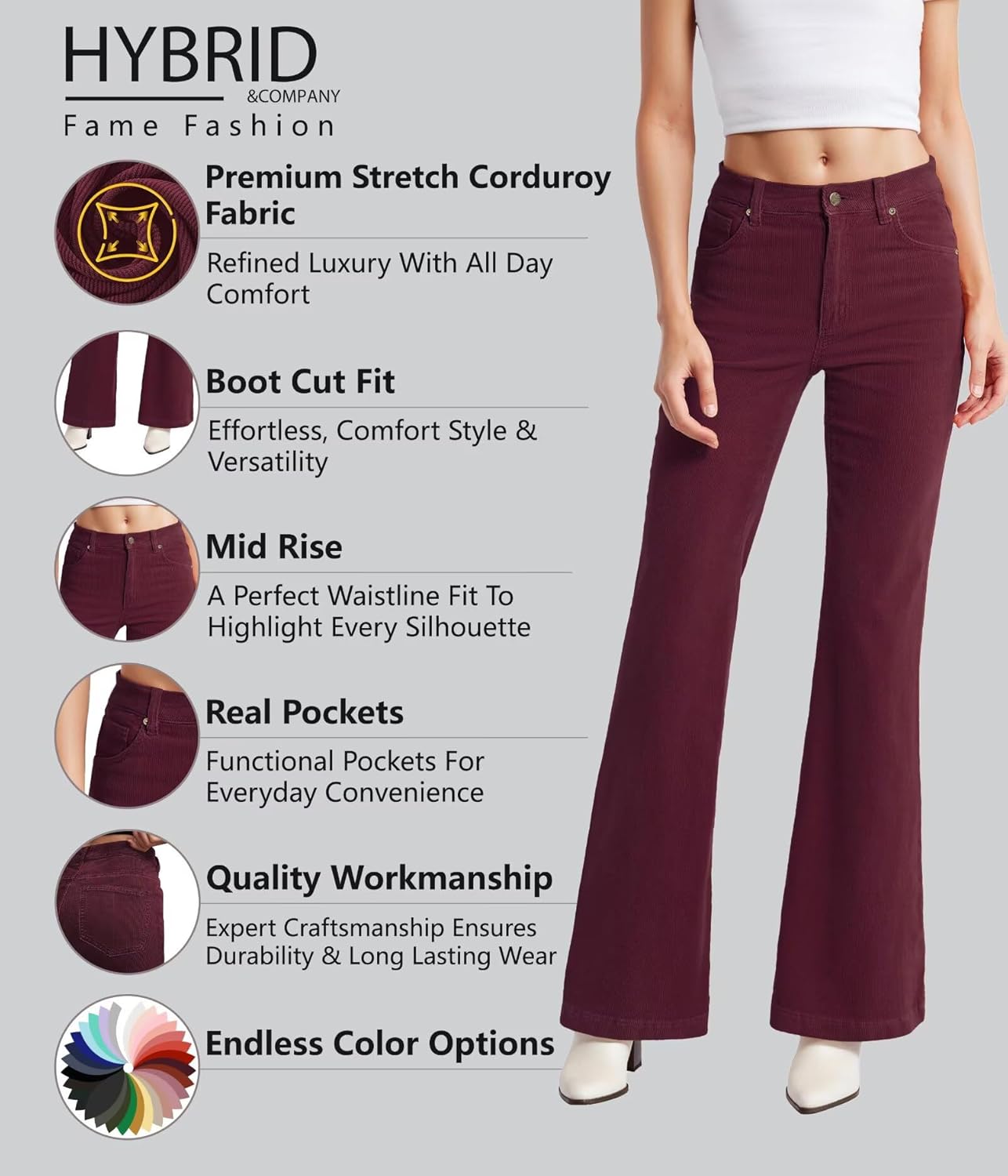 Hybrid & Company Super Comfy Stretch Women 5 Pockets Corduroy Boot Cut Pants - Image 4