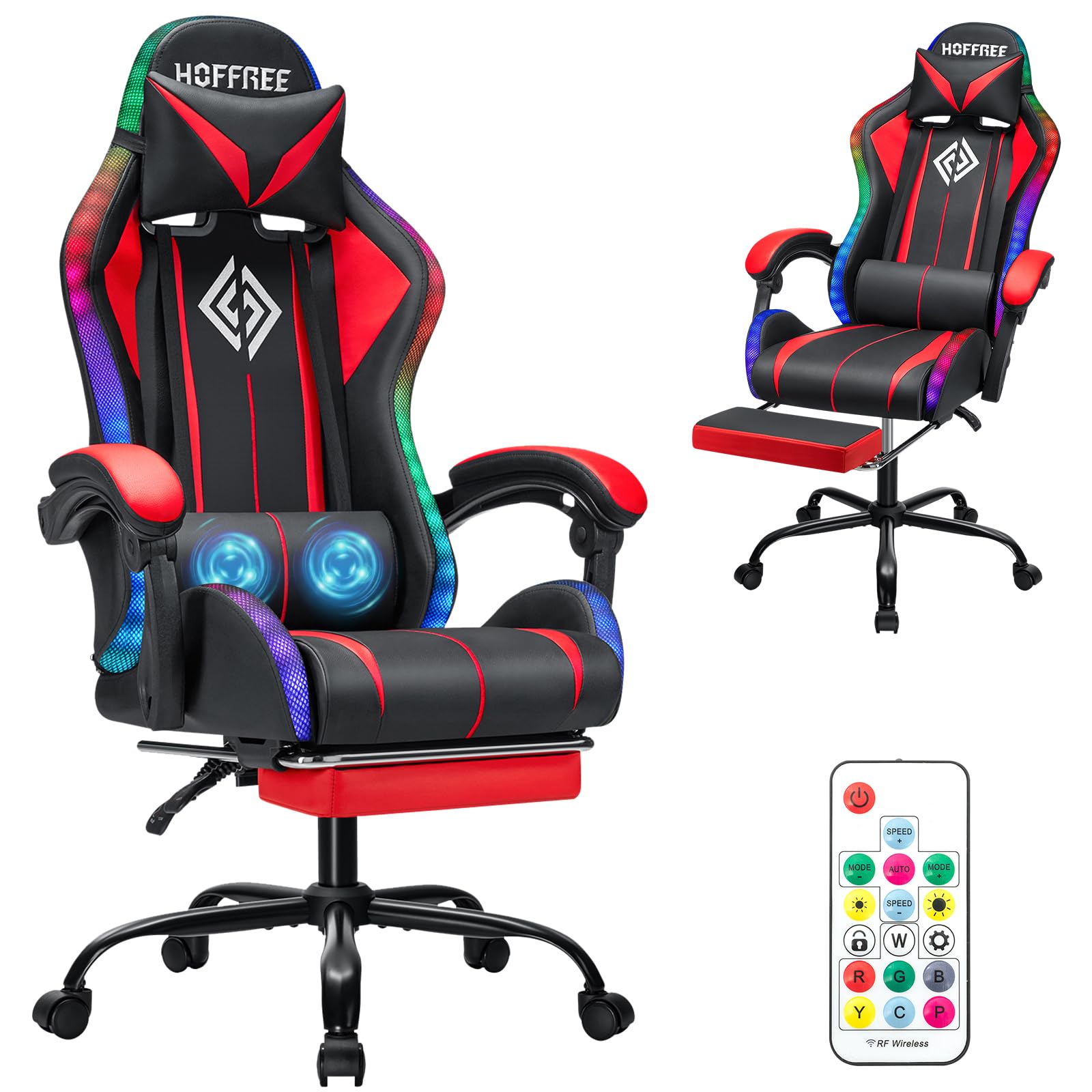 Gaming Chair Massage with LED RGB Lights and Footrest Ergonomic Computer Chair High Back Video Game Chair with Adjustable Lumbar Support Linkage Armrest Red and Black