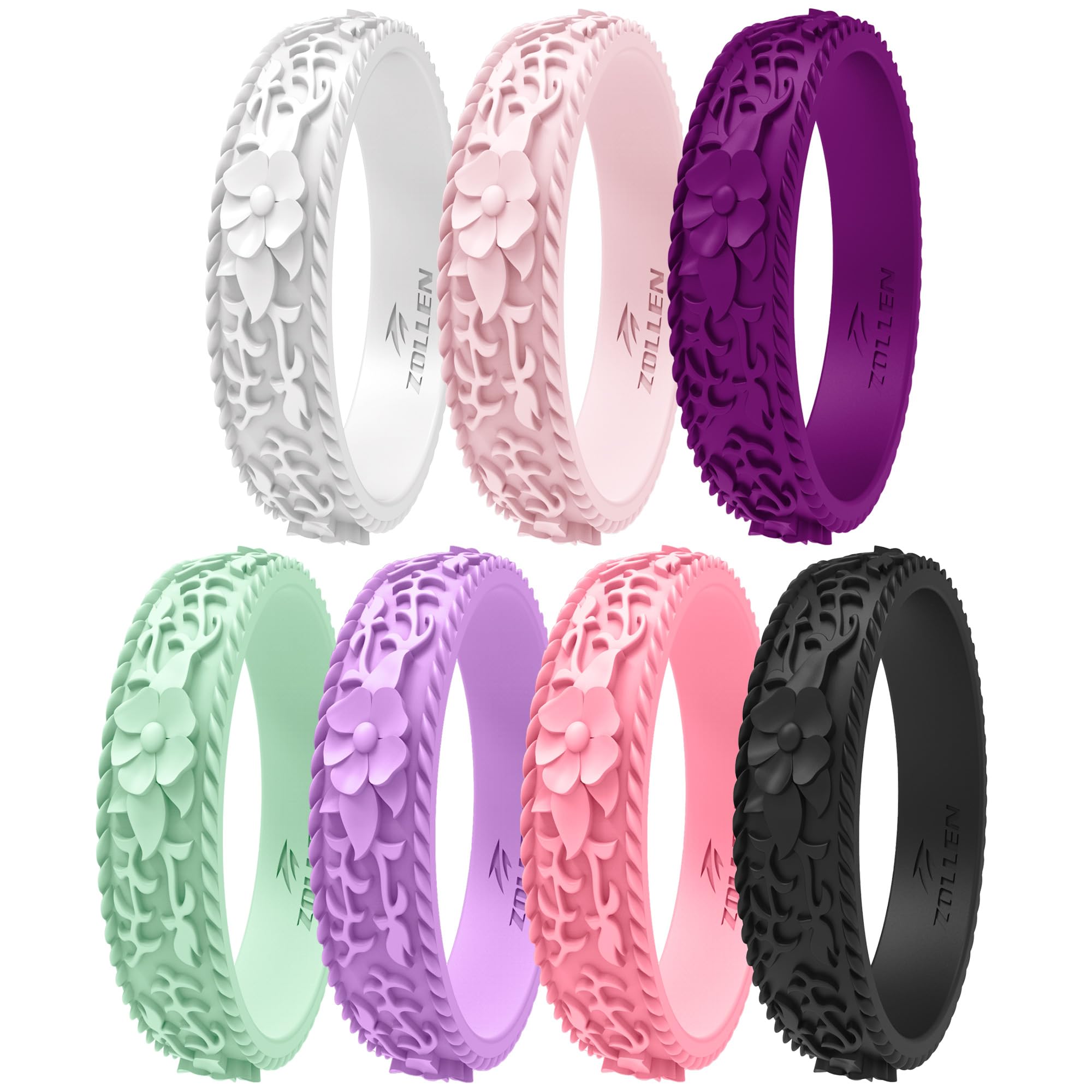 Silicone Wedding Rings for Women 1/4/7 Packs -Stackable Silicone Rubber Wedding Bands - Innovative Flower &amp; Vine Collection