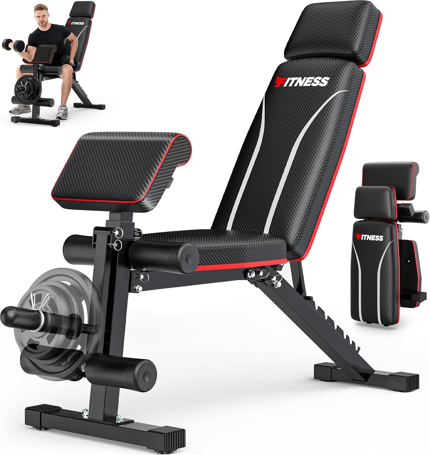 TYRSEN black foldable weight bench with preacher pad and adjustable headrest