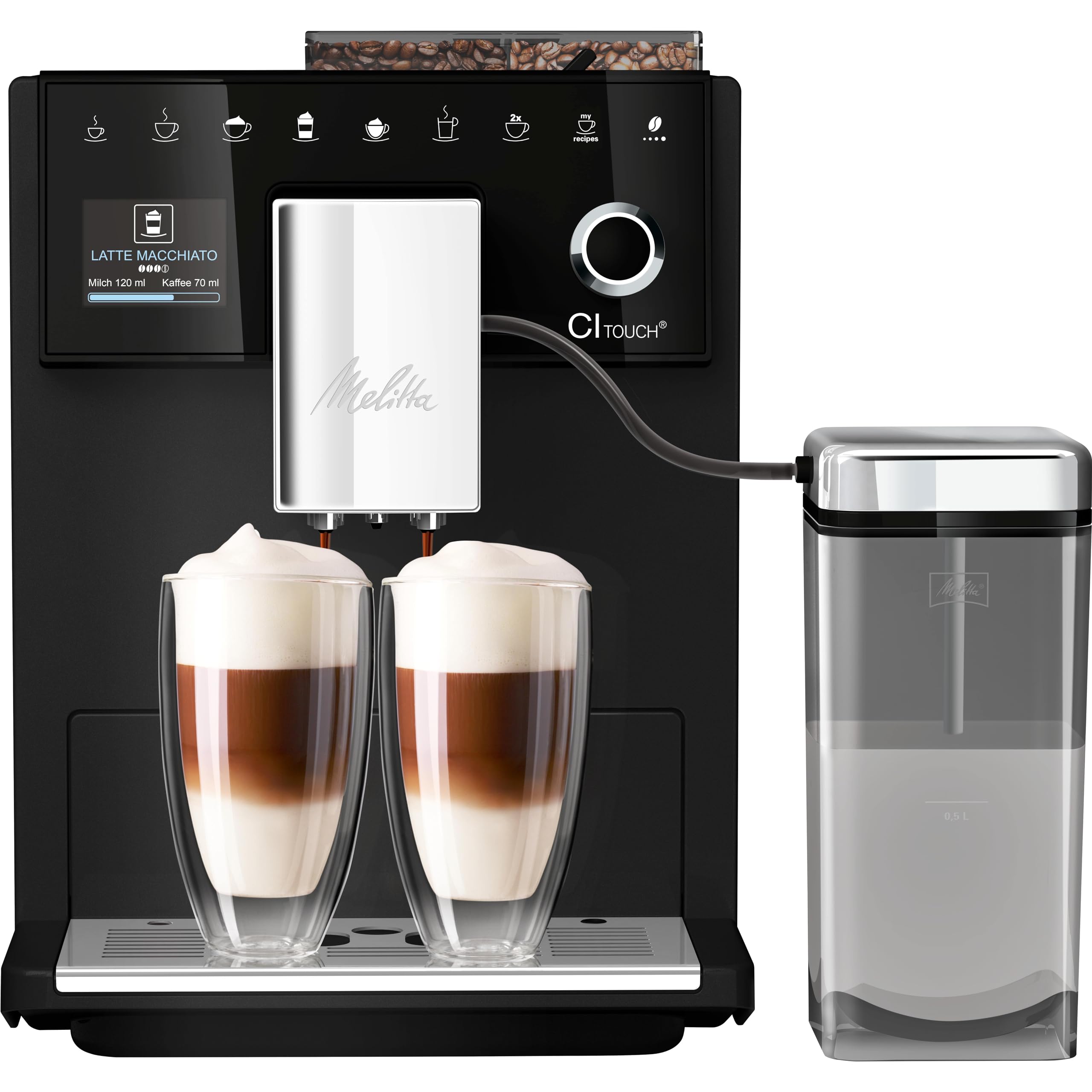 Melitta CI Touch – w pełni automatyczny ekspres do kawy – z systemem na mleko – dwukomorowy pojemnik na ziarna – wyświetlacz One Touch – 4-stopniowa regulacja mocy kawy – matowy czarny (F630-112)