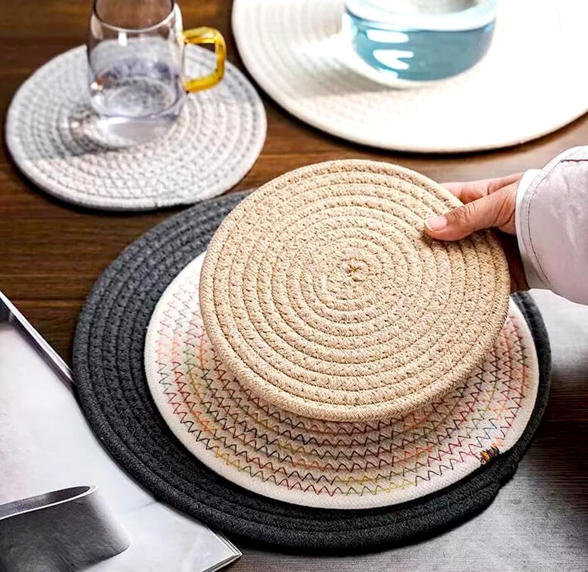 Zhiheng 5 Pack Round Coaster Potholder Cotton Braided Trivets Coffee Cup Mat Drink Tableware Hot Pots Placemats for Cooking Baking Housewarming Party Table Decorations (10inch,Linen)
