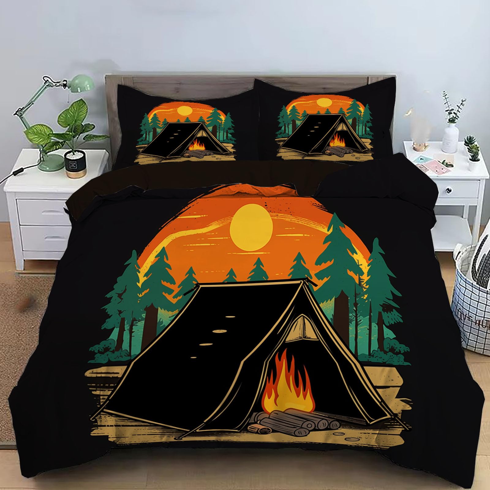 Parure de lit 3 pièces art animé 140x200cm noir orange en microfibre douce avec fermeture éclair