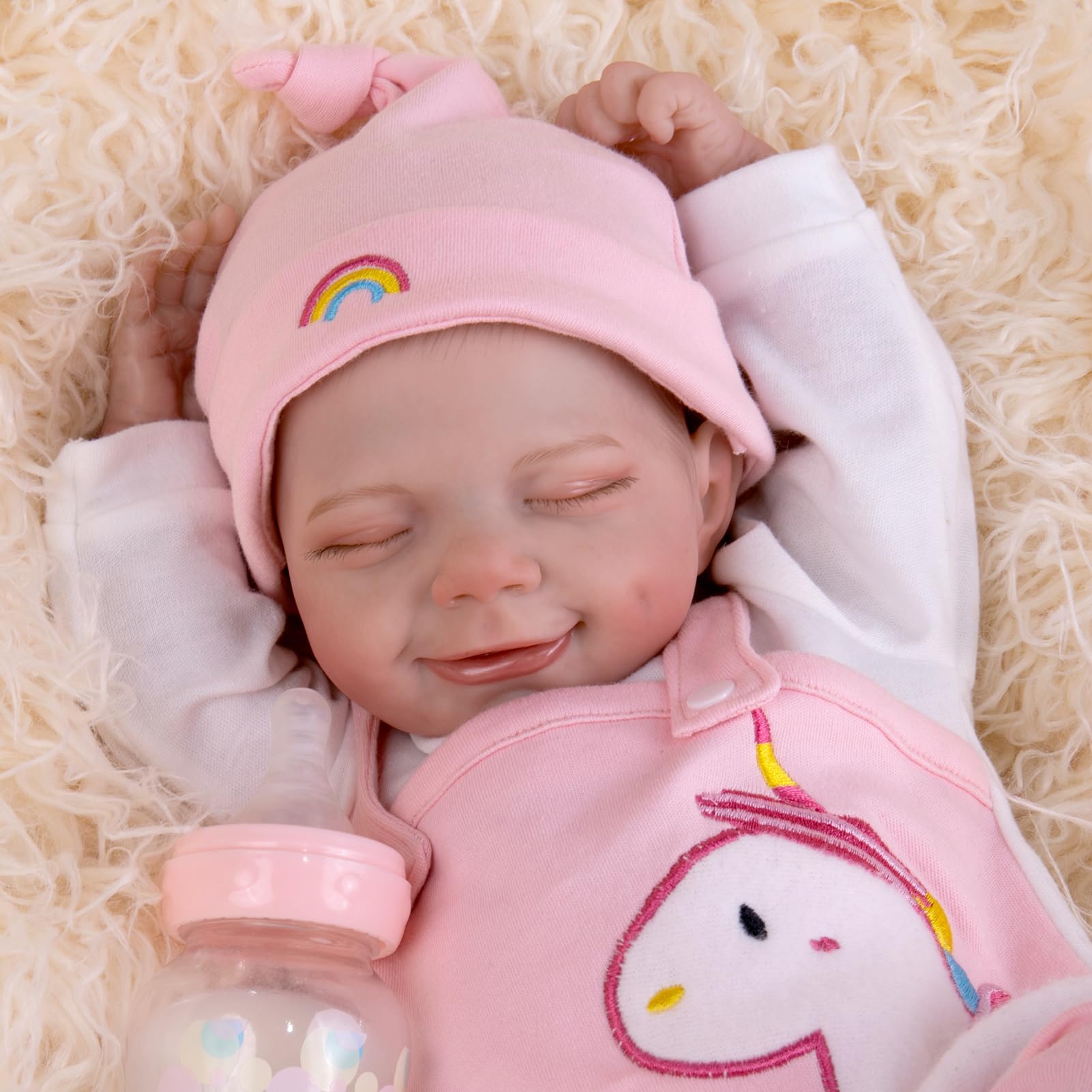 AoriLifelike Reborn Baby Doll, 18 inch Soft Vinyl Real Life Baby Girl with Eyes Closed,Realistic Sleeping Toddler Dolls with Feeding Kit Gift for Kids Age 3+