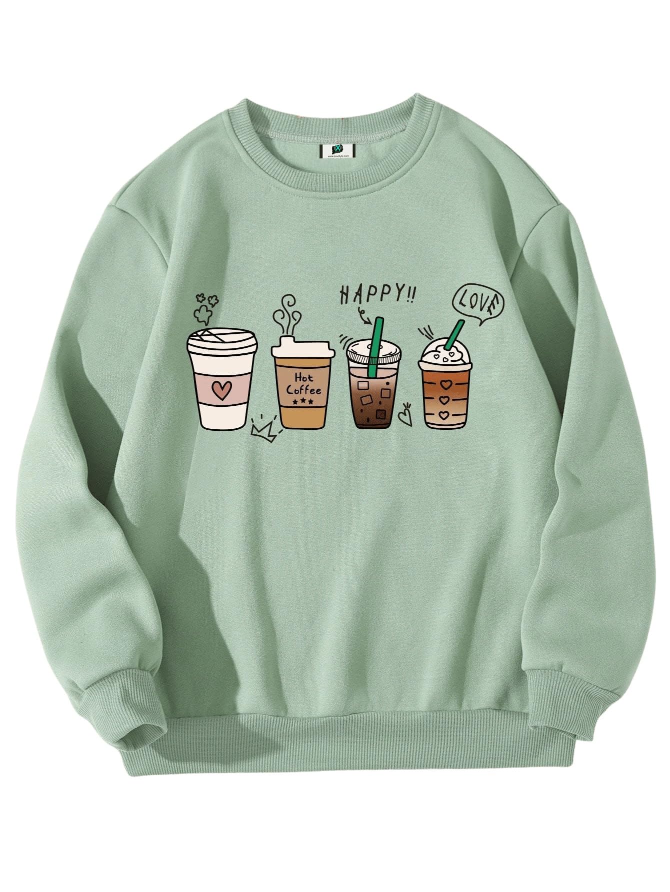 Coffee Lover Graphic Sweatshirt, Mint Green, Long Sleeve Pullover with Cute Coffee Cup Print-image-27
