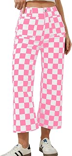 Odefou Cropped Jeans for Women Checkered Pants Casual High Waisted Stretchy Straight Leg Trousers with Pockets