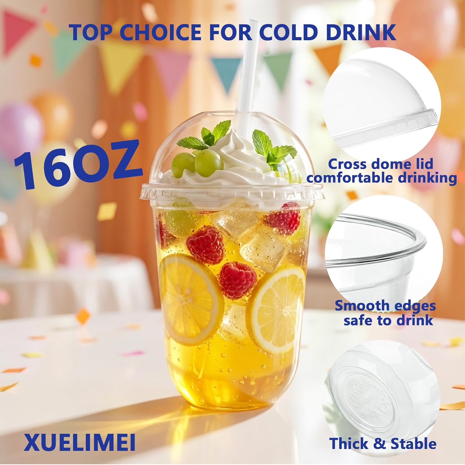 16oz Disposable Stemless Glasses With Dome Lids and Straws,PET Disposable Drinking Cups,Clear Plastic Wine Glasses for Parties Birthday,Wedding,Meeting,Christmas Party Supplies (50, Transparent)