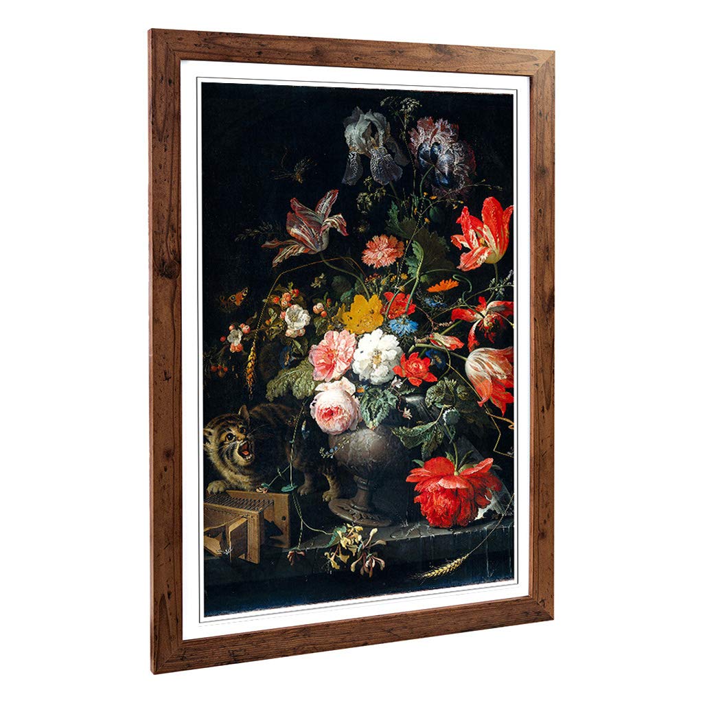 Big Box Art Framed Print of Abraham Mignon Flowers Cat Design | Wall Art Picture | Home Decor for Kitchen, Living, Dining Room, Bedroom, Hallway, Office, Walnut, A2 / 24.5x18 Inch / 62x45cm
