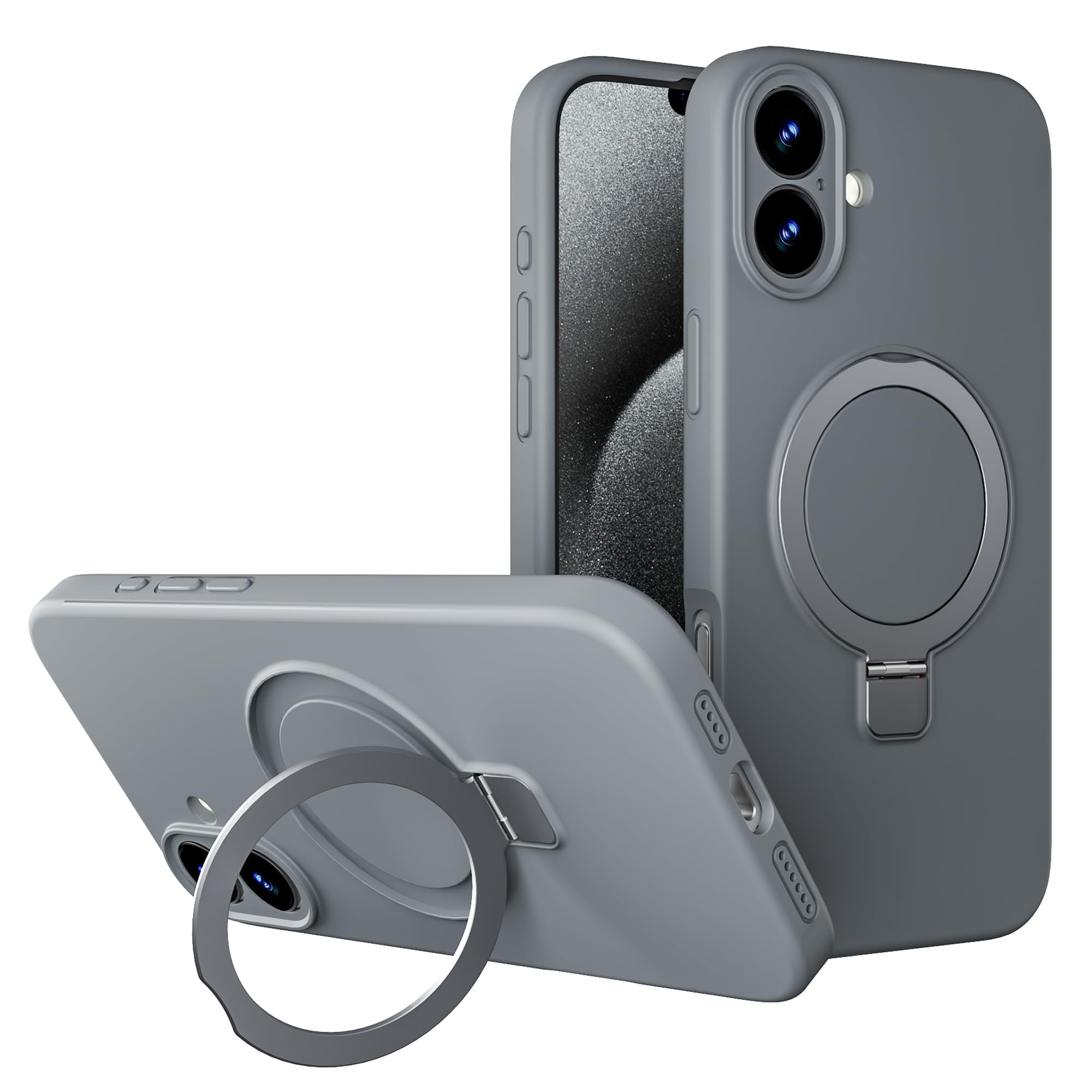 Elrvaga Liquid Silicone Cute Case for iPhone 16 with Magnetic Ring Stand, Military-Grade Drop Protection, Camera Guard – Skin-Friendly & Shockproof.(