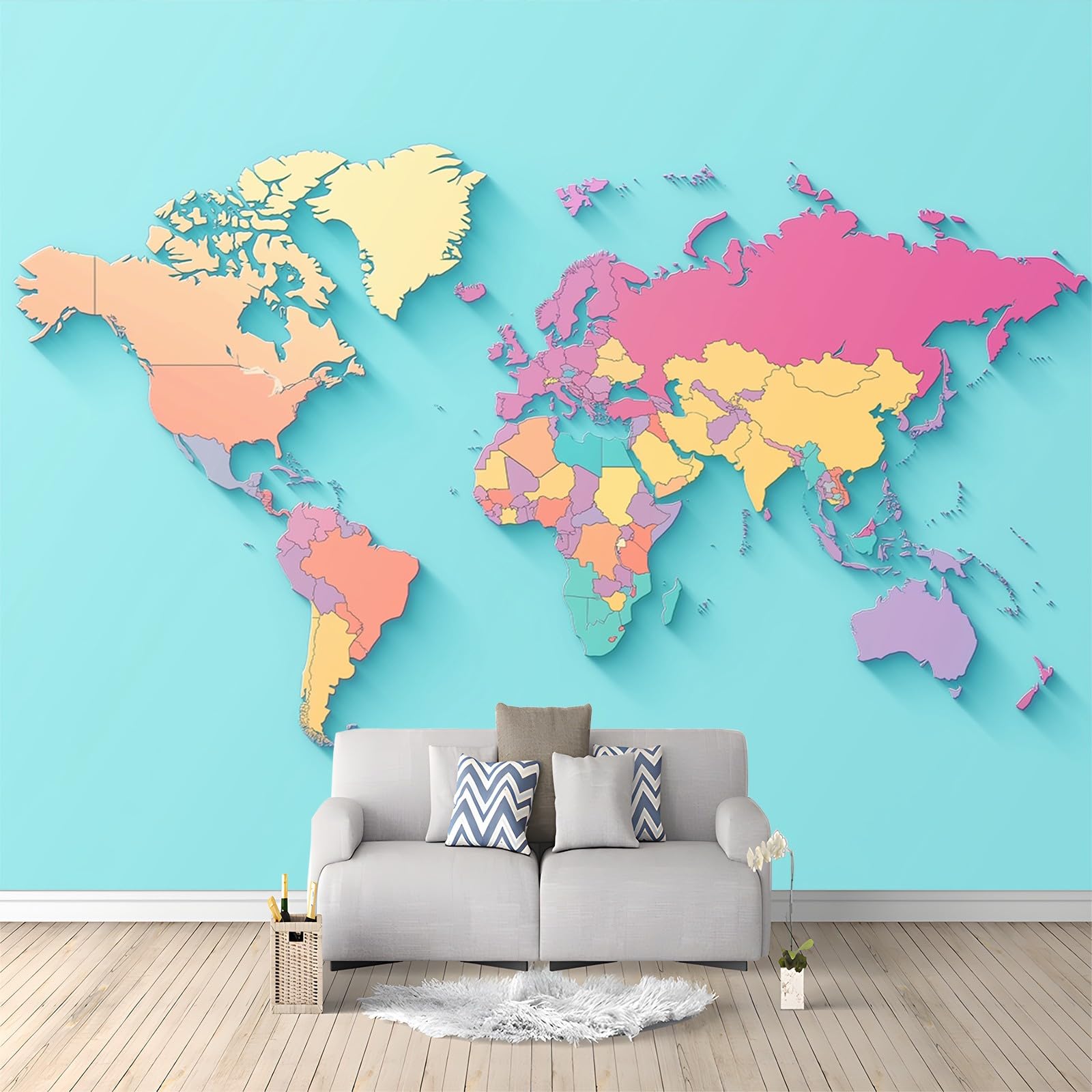 Tapeta kolorowa mapa świata 350 x 256 cm zdjęcie plakat mural tapeta, DIY sztuka ścienna mural wodoodporne tapety ścienne, do salonu sypialni przedszkola tło telewizora wystrój domu