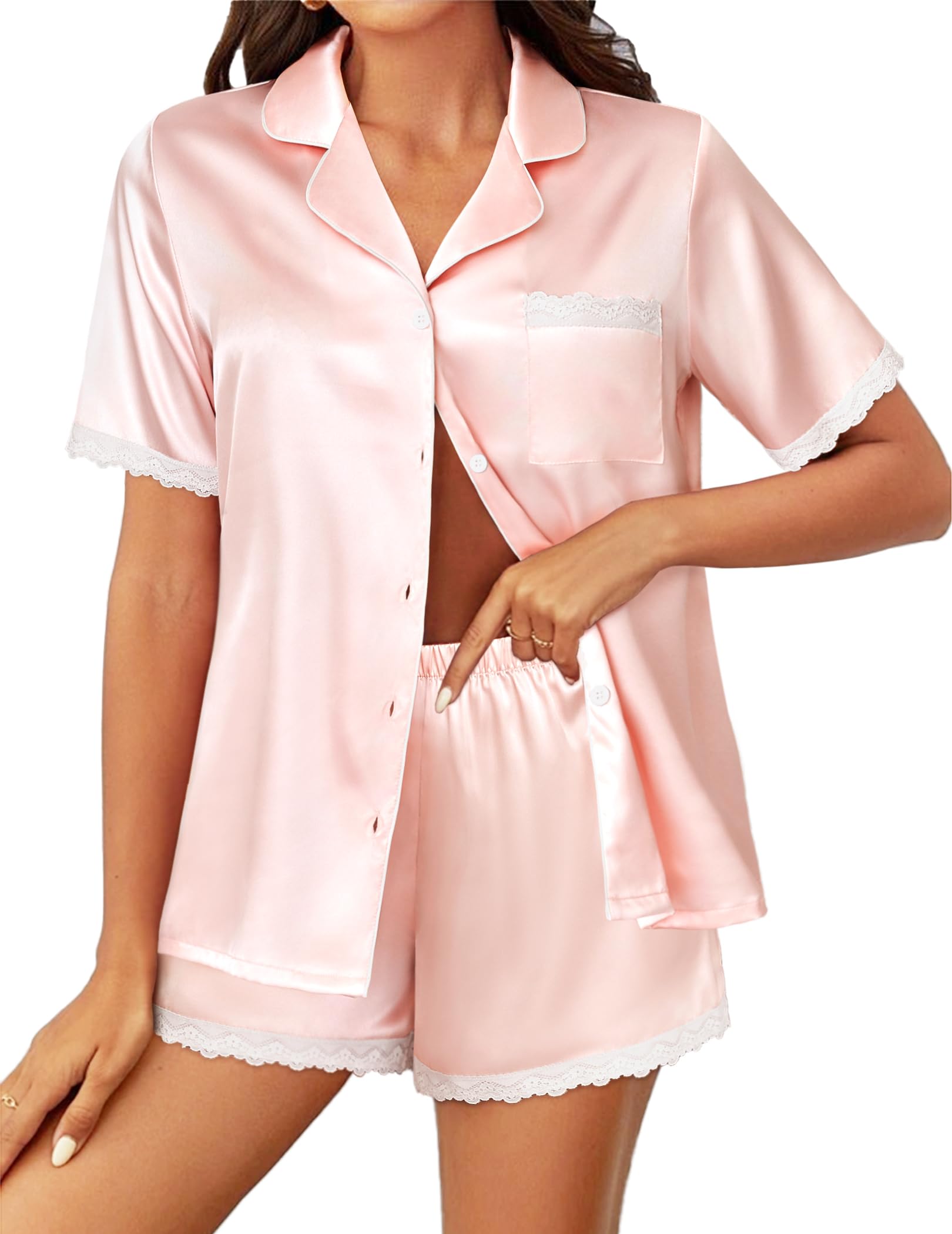 Ekouaer Silk Pajamas for Women Silky Short Sleeve Pj Set Satin Button Down Pjs Lace Trim Shorts Pajamas Set S-XXL