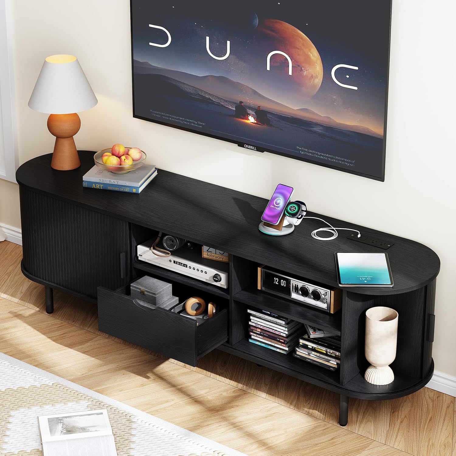 ONBRILL 69" TV Stand with Power Outlet for TVs up to 80", Entertainment Center with Storage and Drawer, TV Console with Adjustable Shelves and Sliding Door, TV Stand for Living Room, Bedroom, Black - Image 3